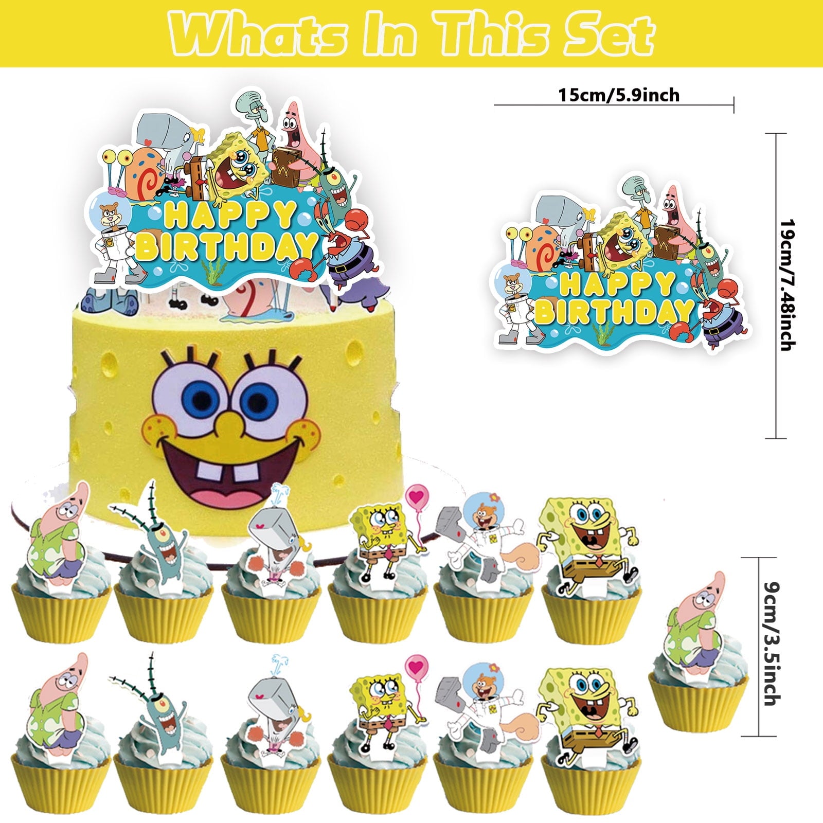 34-Pcs For SpongeBob Cartoon For SquarePants-Themed Party Decoration Set – Includes Backdrop, Cake Topper, 12 Cupcake Toppers, and 20 Balloons for Festive Celebrations