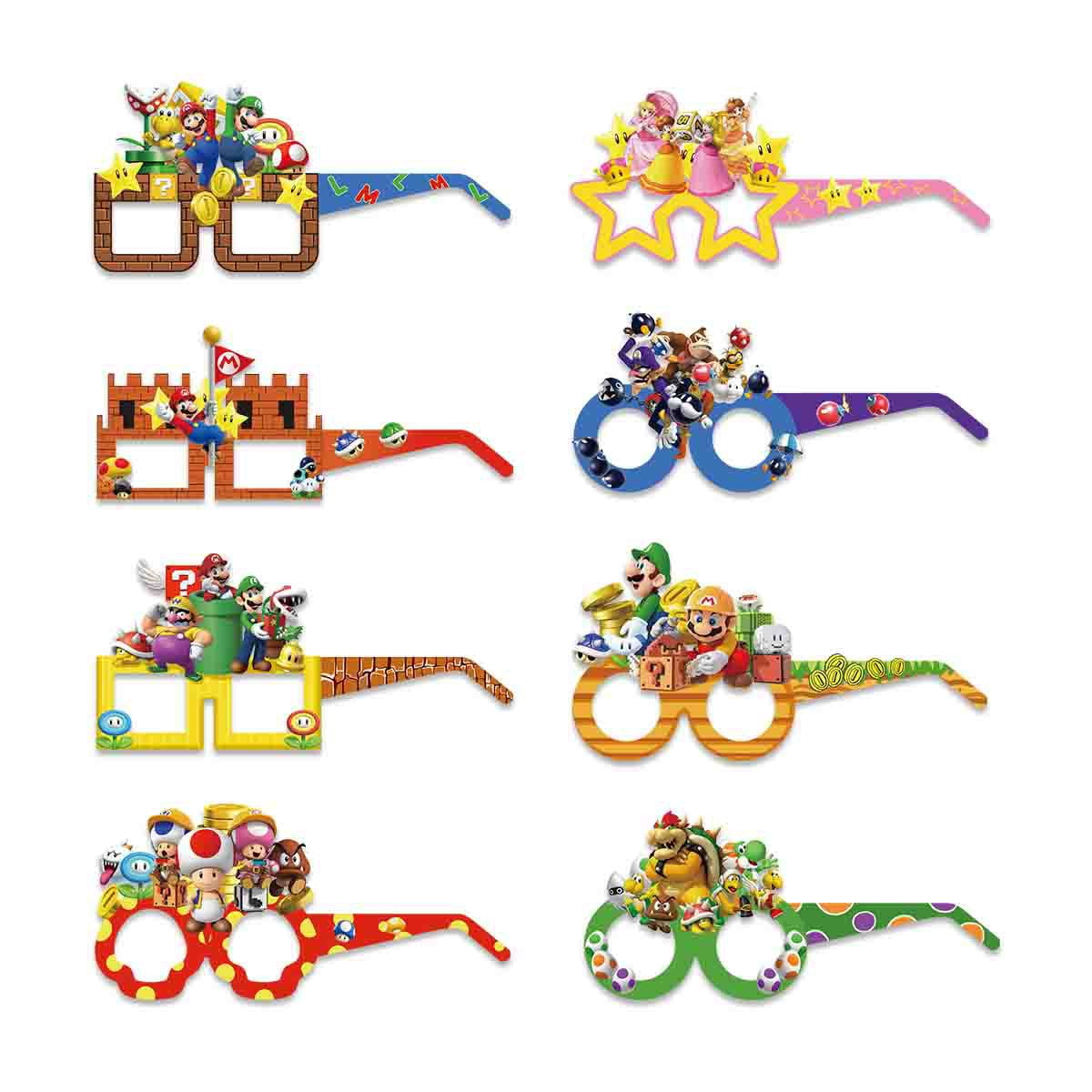 16Pcs Super Mario Bros Themed Glasses, Party Supplies Photo Booth Prop Cartoon Character Cosplay Birthday Gift for Kids.