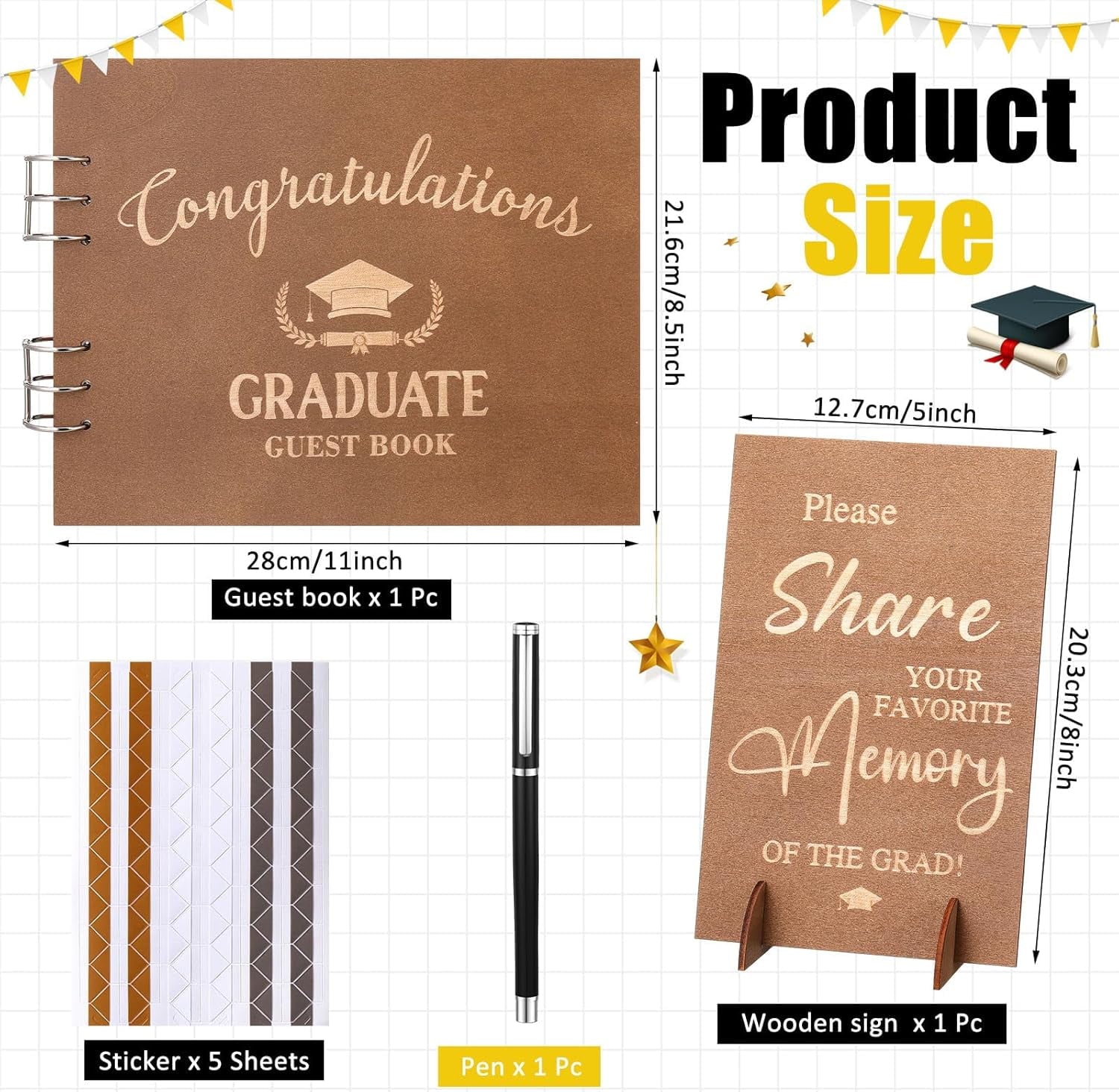 2025 Graduation Guest Book with Wood Graduation Photo Guestbook Sign with Stand Pen Photo Stickers Memory Scrapbook Album DIY Kit Grad Gifts for College High School Grad Party Supplies