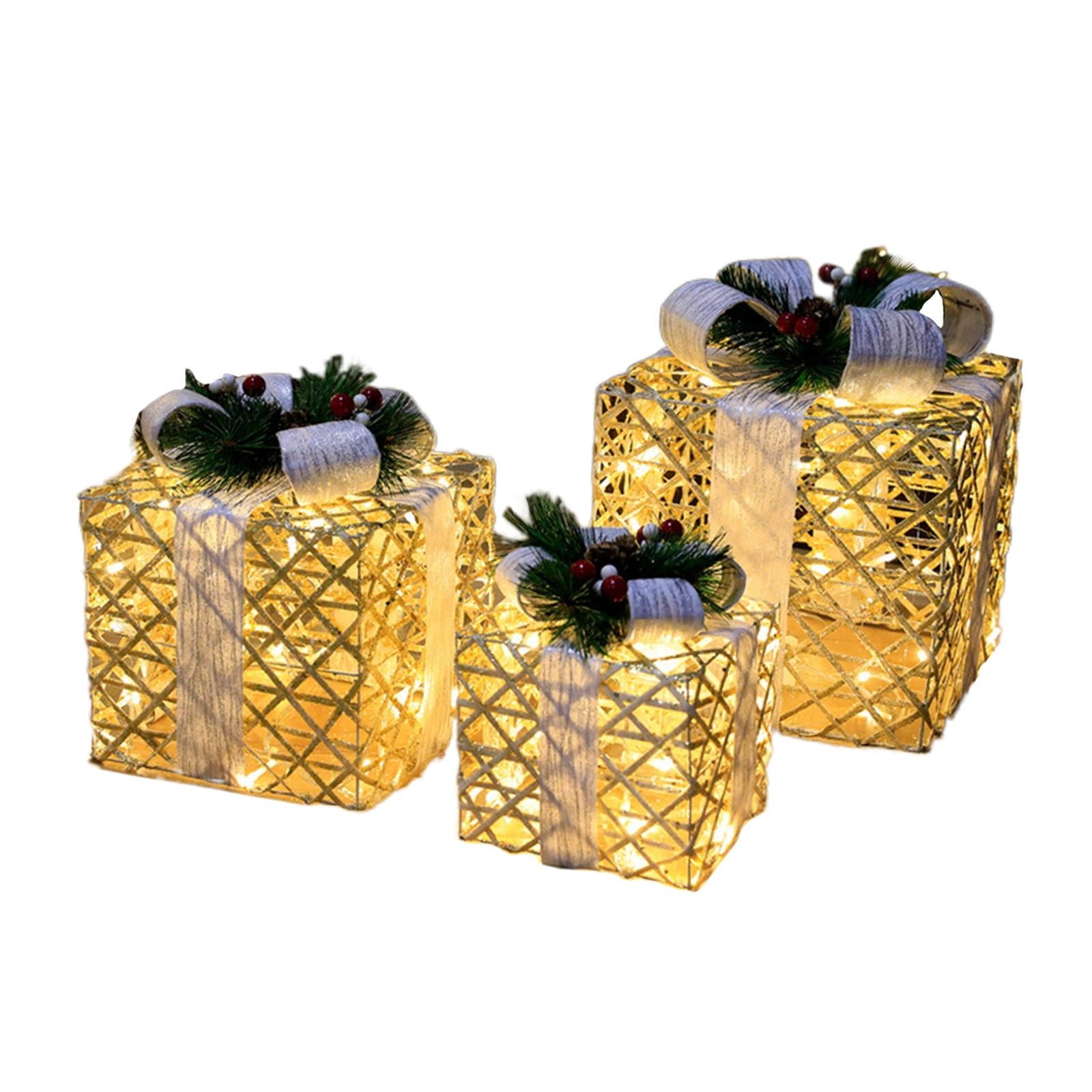 3 Pieces Christmas Lighted Up Gift Boxes Decorations, Tinsel Present