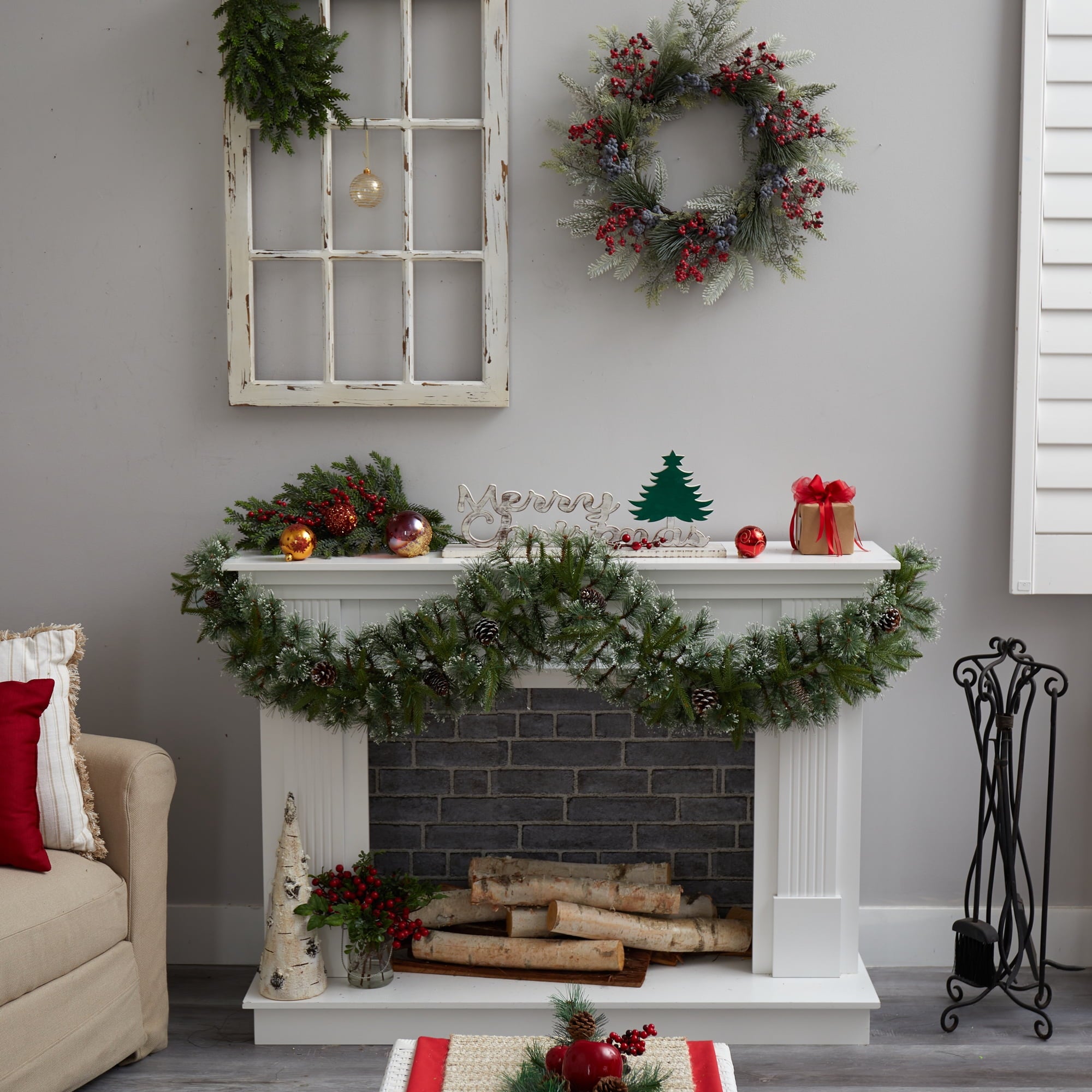 Nearly Natural 6ft. Snow Tipped Christmas Artificial Garland with 35 Clear LED Lights and Pine Cones