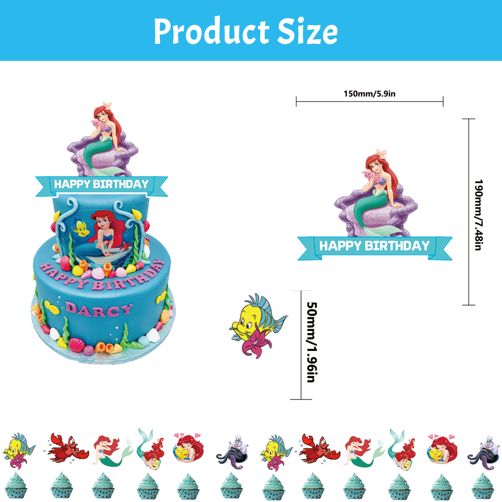 35 Pcs For Ariel Birthday Party Decorations,With 1 Happy Birthday Banner Garland,3 Foil Balloons,13 Cupcake Toppers,18 Balloons for Party Supplies