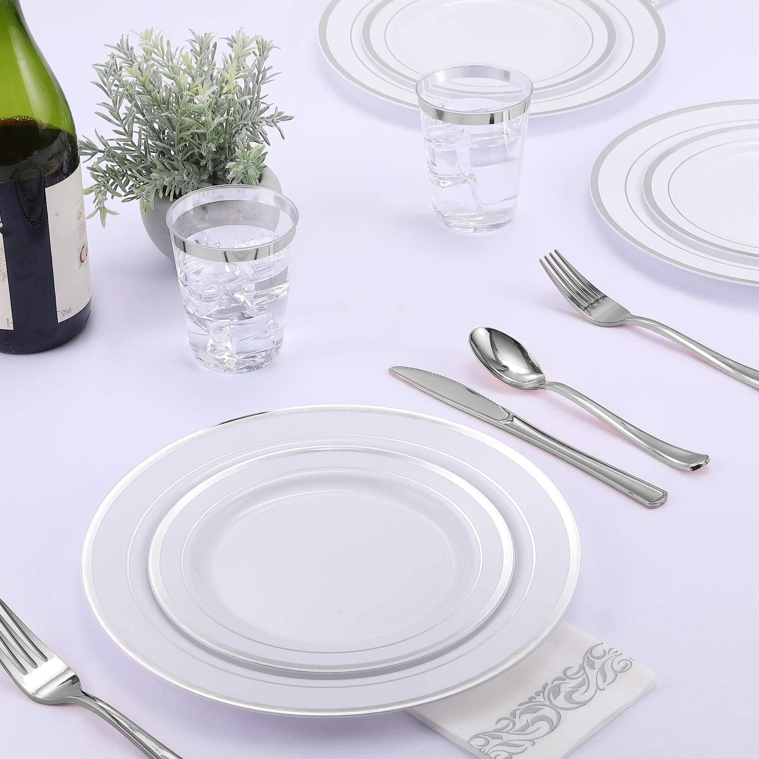 350 Piece Silver Dinnerware Set 50 Guest-100 Silver Rim Plastic Plates-50 Silver Plastic Silverware-50 Silver Plastic Cups-50 Linen Feel Silver Paper Napkins,FOCUSLINE Disposable Dinnerware Set