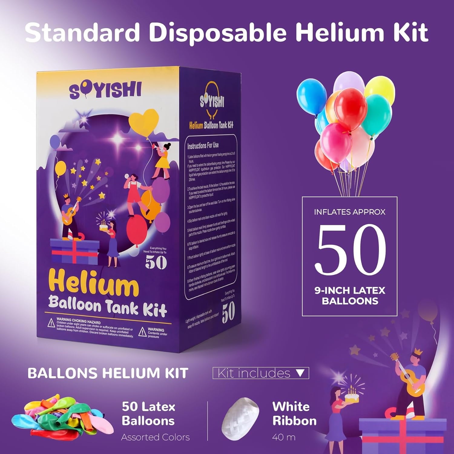 Helium Tank for Balloons at Home 13.4L Premium Helium Gas Tank Pump Kit 99.99% Pure Helium Gas Up to 50 Latex Balloons Ribbons Ideal for Birthday Party, Wedding, Events(1 Pack)
