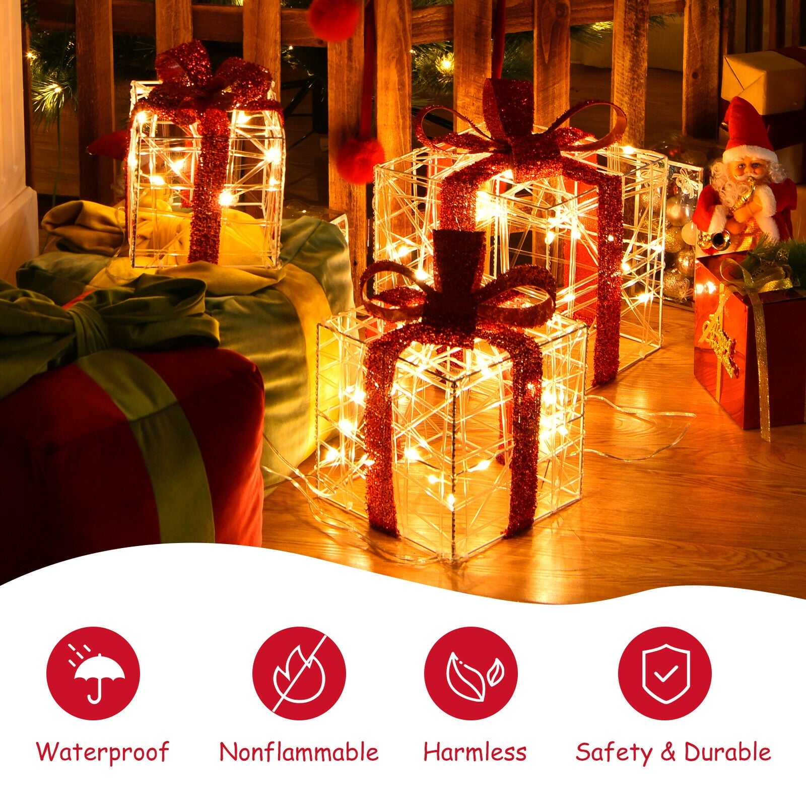 Topbuy 3 PCS Christmas Gift Boxes Indoor Outdoor W/ 60 LED Lights, Waterproof Plug