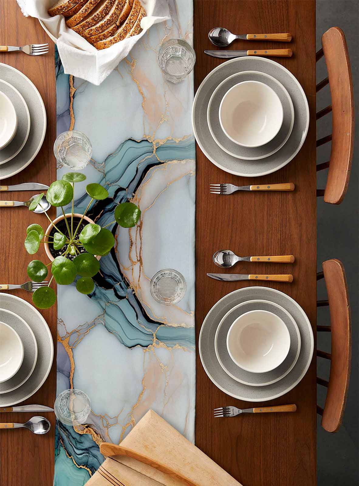 Marble Table Runner Turquoise Gray Blue Gradient Modern Geometric Tablerunners 18 x 72 Inch, Table Decorations Tabletop Scarf for Summer Gathering Holiday Farmhouse Kitchen Dining Decor