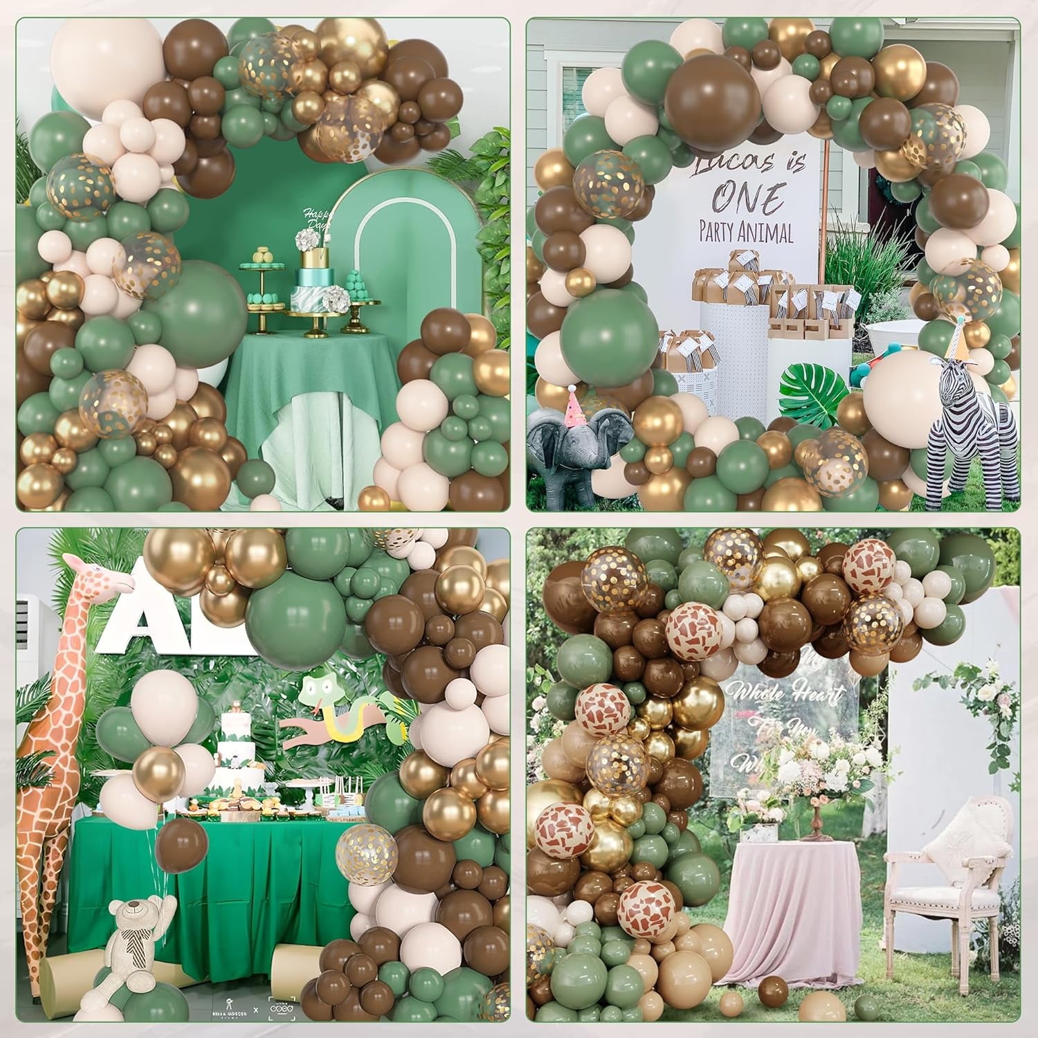 153pcs Sage Green Brown Balloon Garland Arch Kit, Different Sizes 18 12 10 5 inch Olive Green Gold Latex Metallic Confetti Balloons for Safari Jungle Woodland Birthday Baby Shower Decorations