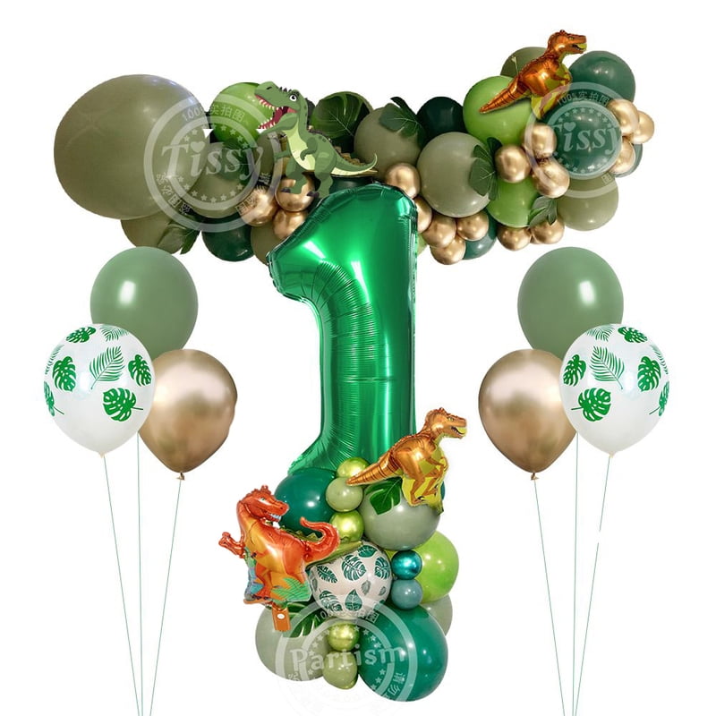 27pcs Carton Green Dinosaur Balloon Tower with 1-9 Green Number Balloon for Boy's Dinosaur Themed Birthday Party DIY Decorations