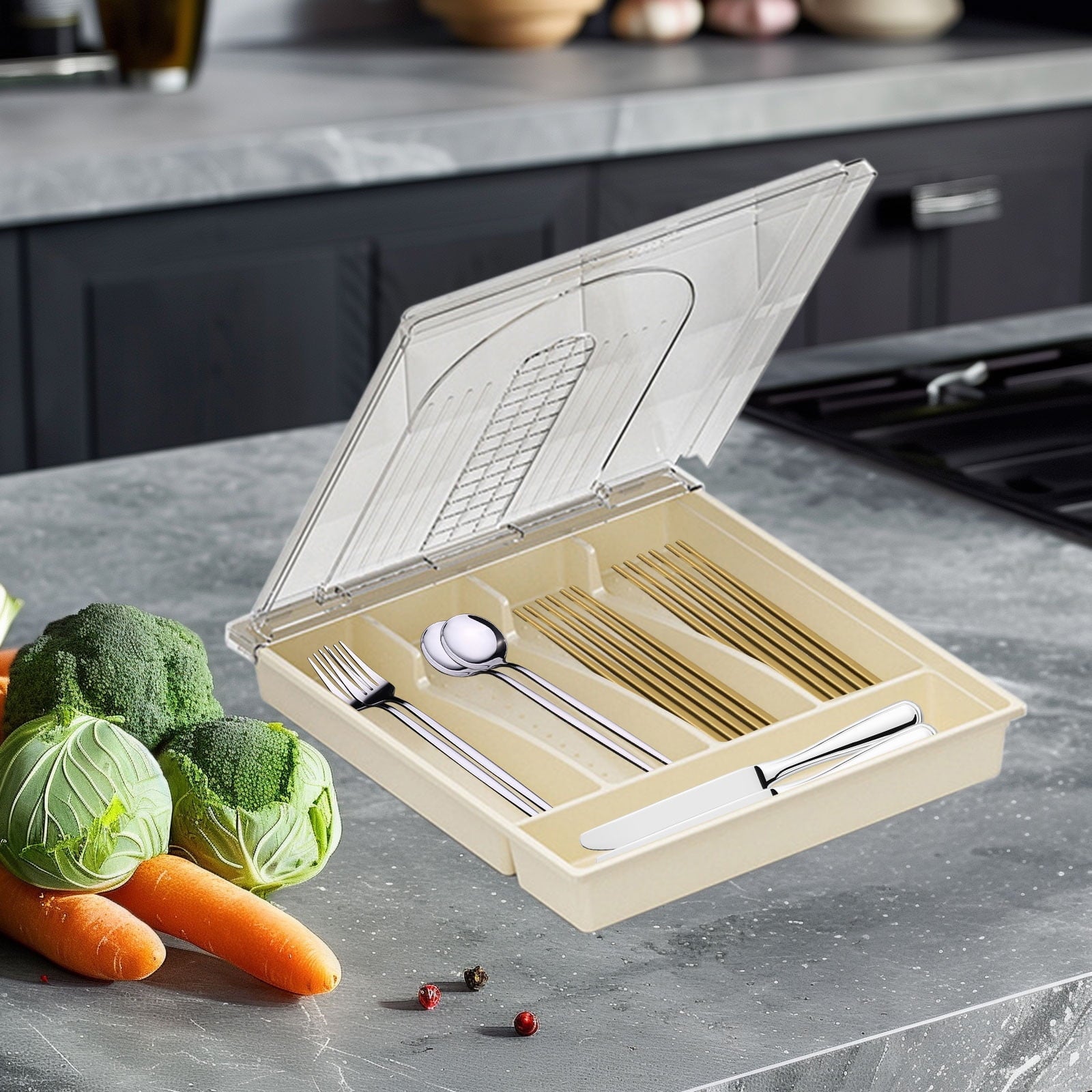 Cutlery Organizer Tray with Lid, Desktop Utensil Drawer Divider, Outdoor Picnic Kitchen Storage for Knives Forks Spoons, Multi-Compartment Tableware Holder