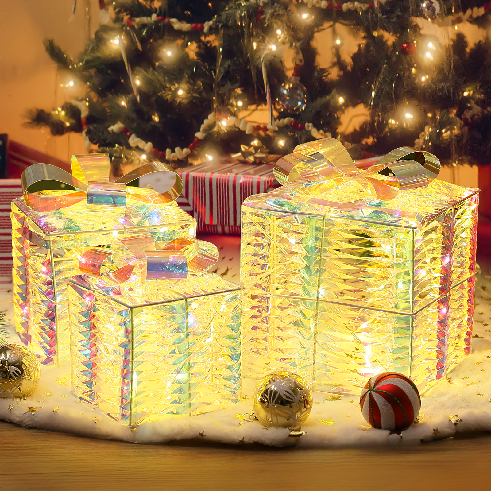 mollie Set of 3 Christmas Lighted Gift Boxes, Plug-in LED Light up Xmas Present Boxes Ornaments for Outdoor Indoor Christmas Tree Yard Holiday Party Favors Home Decor, Transparent