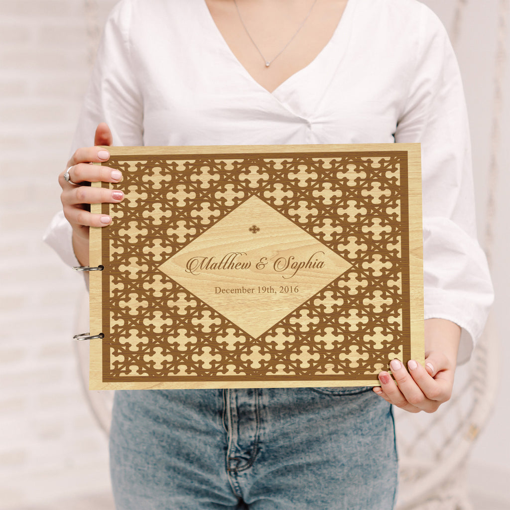 Darling Souvenir Personalized Engraved Laser Cut Wedding Guest Book Wooden Cover Sign-in Book Registry Guestbook Scrapbook-XA