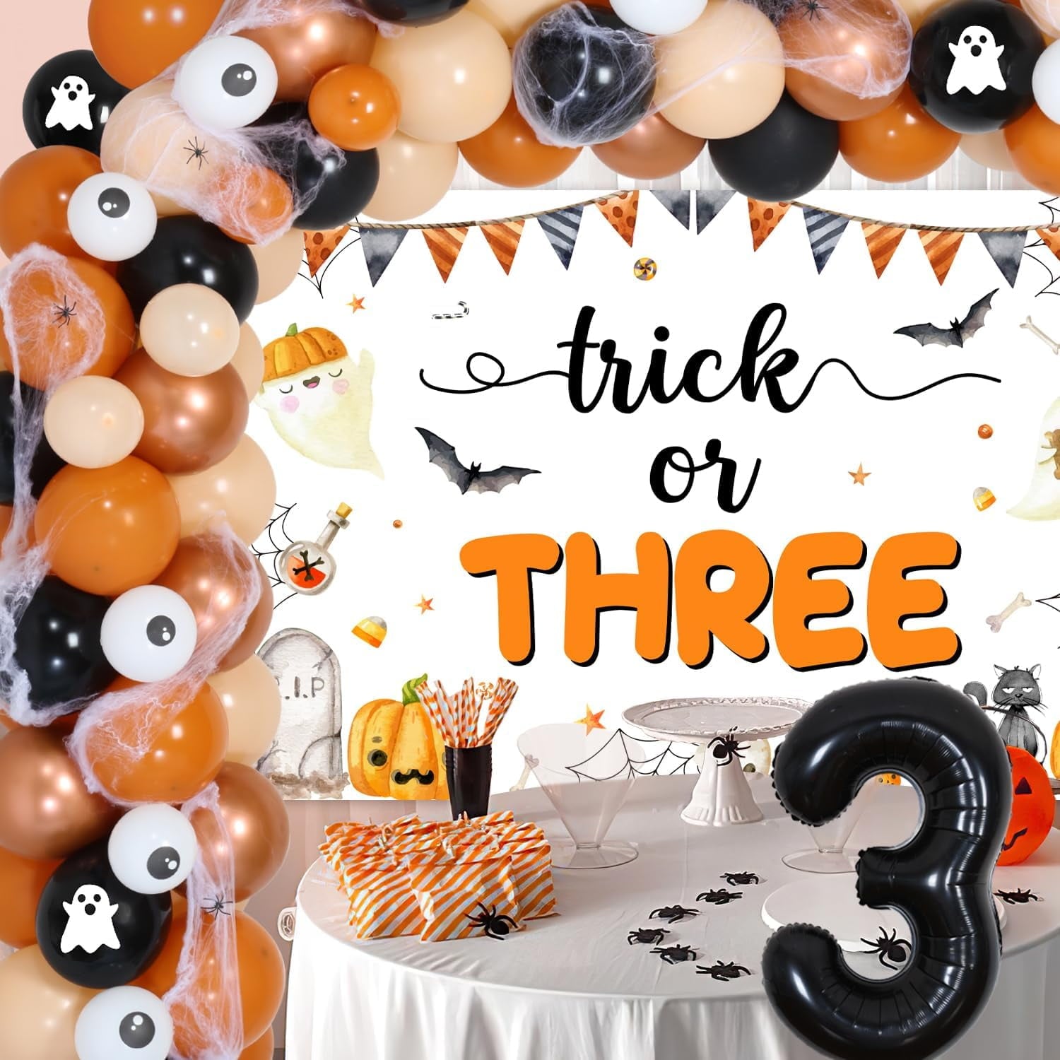 Trick or Three Theme Halloween 3rd Birthday Party Decorations Pumpkin Backdrop Number 3 Balloon Garland Arch Kit 3D Bat Wall Stickers Simulation Spider for Halloween 3rd Birthday Party Decor Supplies