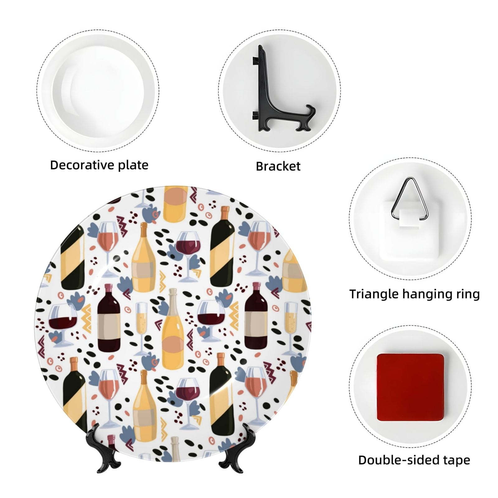Cauagu Wine Bottles Glasses Print Bone China Decorative Plate, Wall Mount Plate Holiday Decor Decorative Ceramic Plates with Stand Elegant Household Plates Decorative-8in