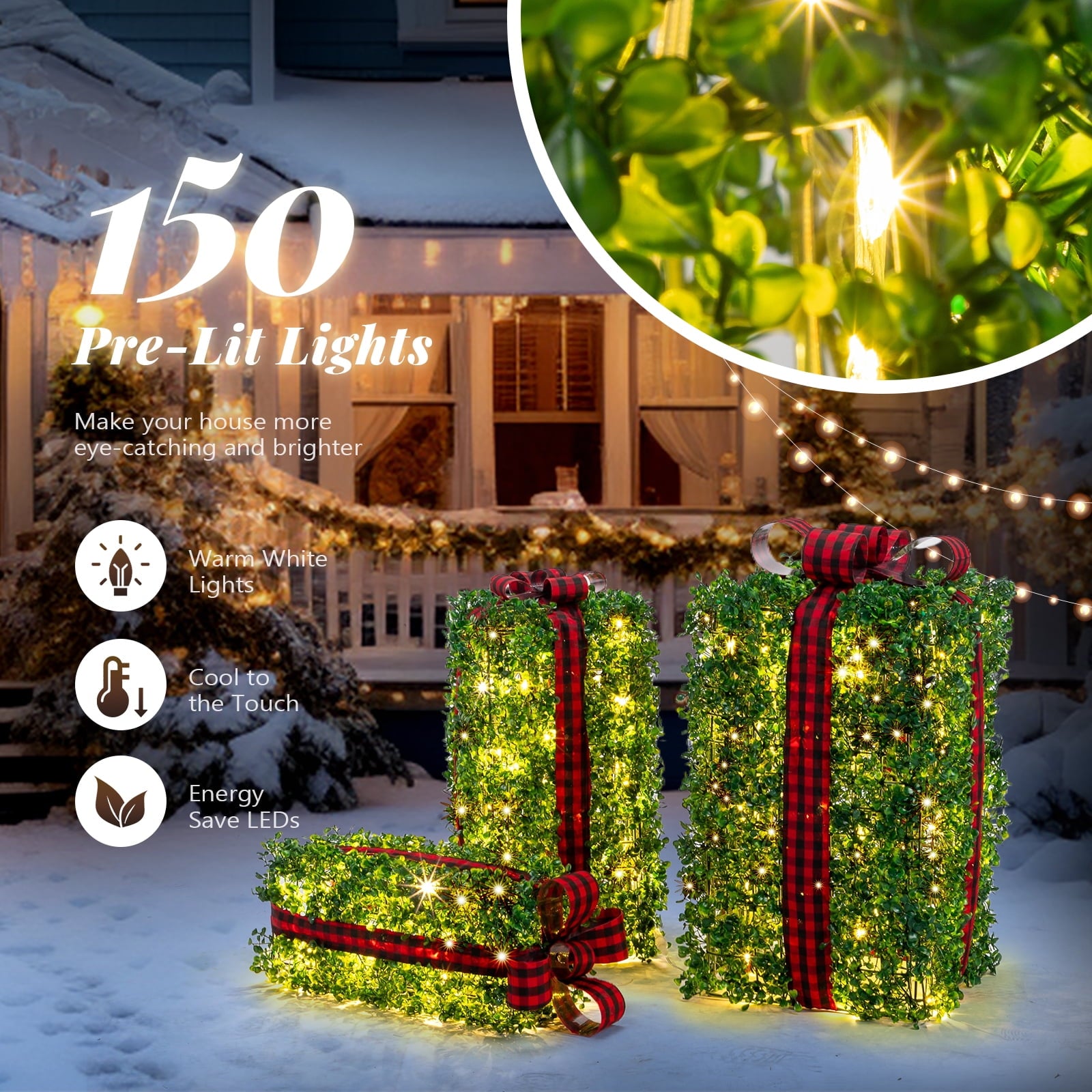 Zimtown 3 Set Lighted Gift Boxes Christmas Decorations PVC LED150 Light for Indoor Outdoor Decor