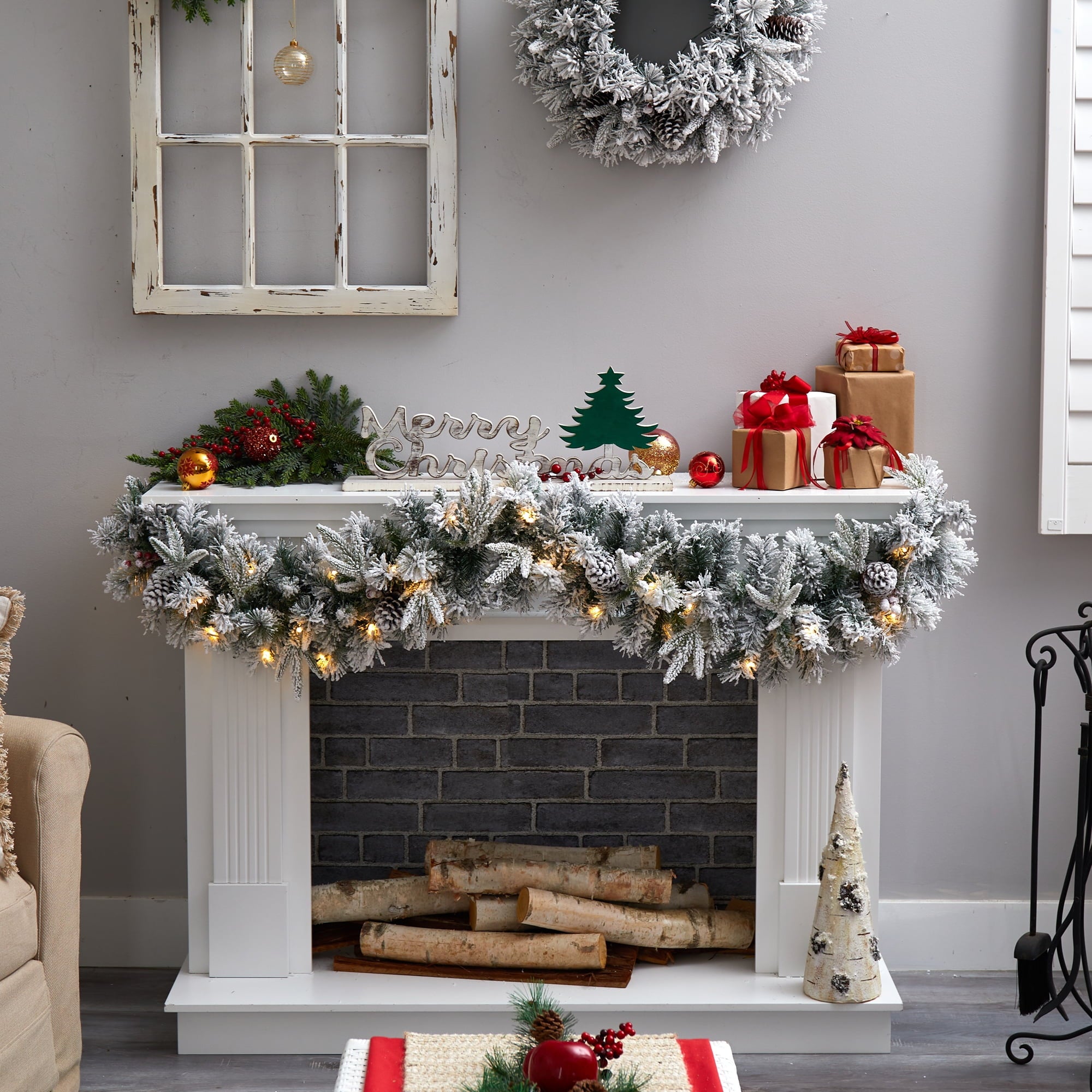 Nearly Natural Christmas Flocked Pine White Prelit LED Battery Operated Garland, 72" (White)
