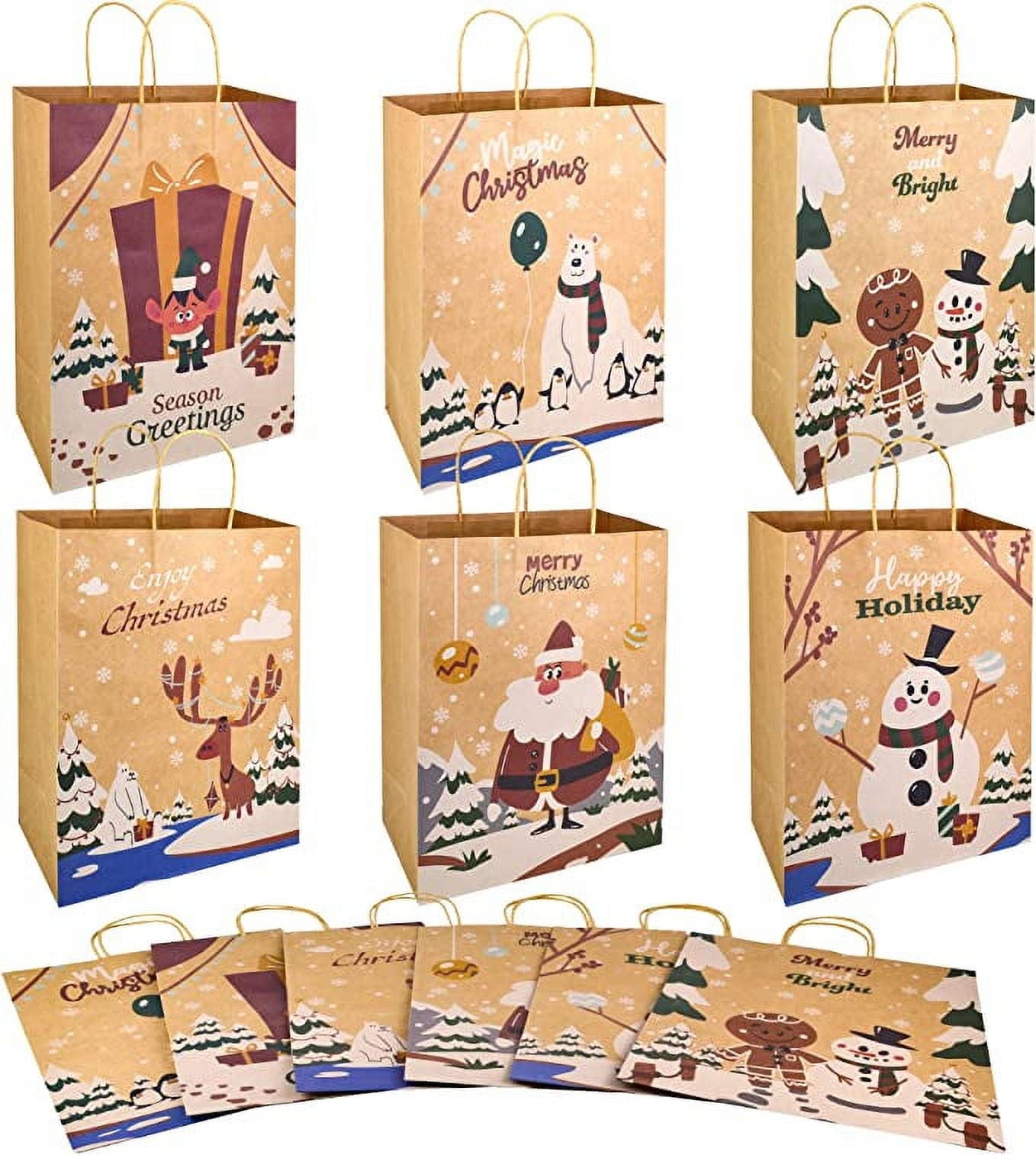 JOYIN 24 Pcs Christmas Kraft Paper Gift Bags, 10X 13 X5'' Large Gift Bags with 8 Designs for Christmas Holiday Present Wrapping Décor, Xmas Goodie Bags Party Supplies