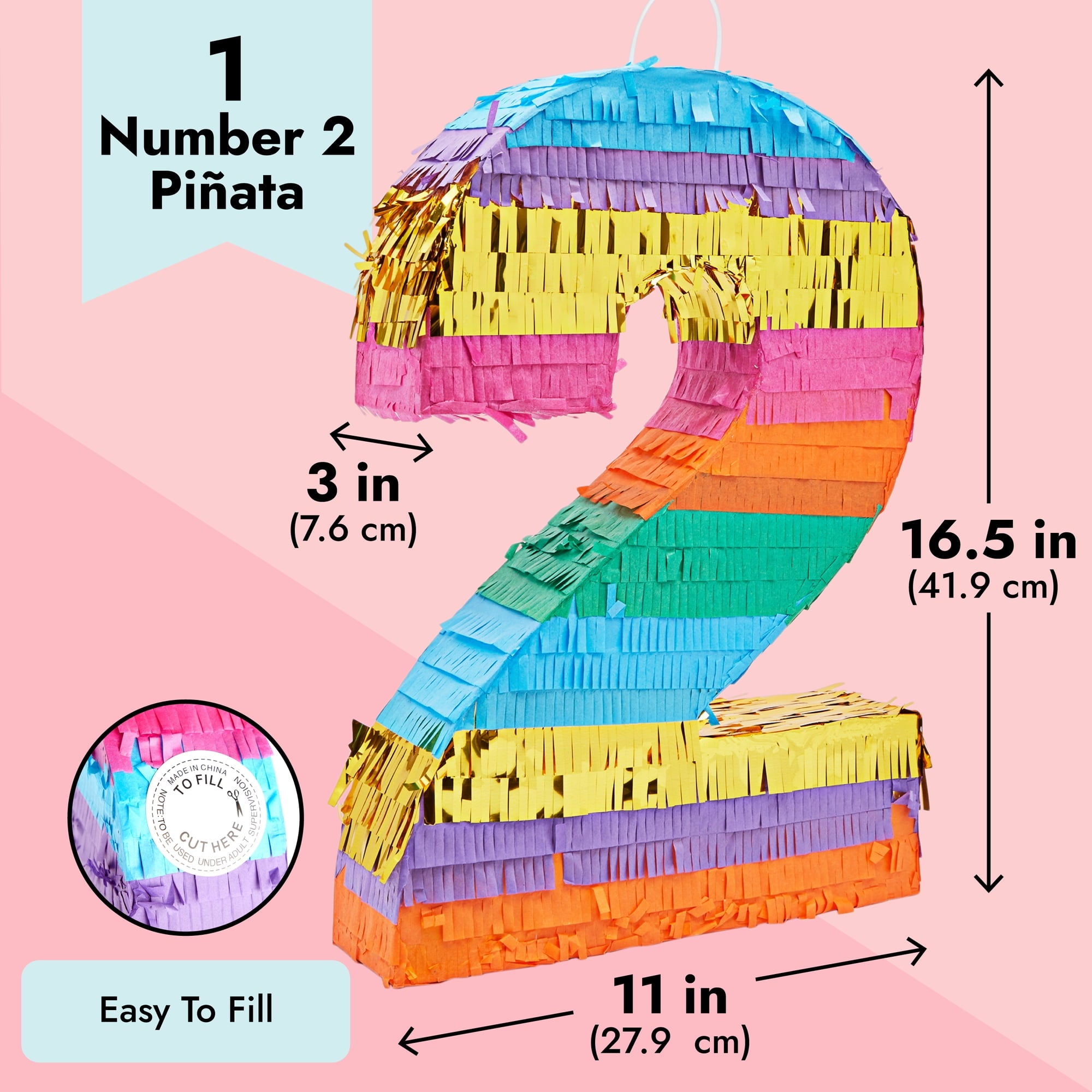 BLUE PANDA Rainbow Themed Number 2 Pinata for Kids Ages 3-14 Birthday Party Supplies, Fiesta, Cinco de Mayo Celebration, Small (16.5 x 11 x 3 In)