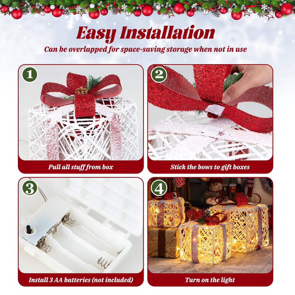 Topbuy Set of 3 Christmas Lighted Gift Boxes Battery Powered Present Boxes w/Red Bows 60 Warm Lights & 6 Hours Timing Function