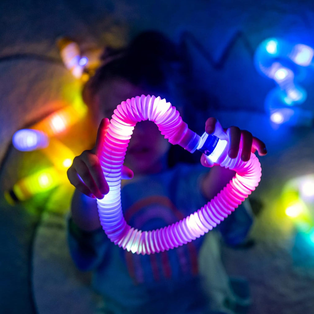 AGCAN 12 Pack Glow Sticks, 6 Colors Light Up Pop Tube Party Favors - 3 Modes Battery-Powered Sensory Toys for Halloween Camping Birthday Dance Party