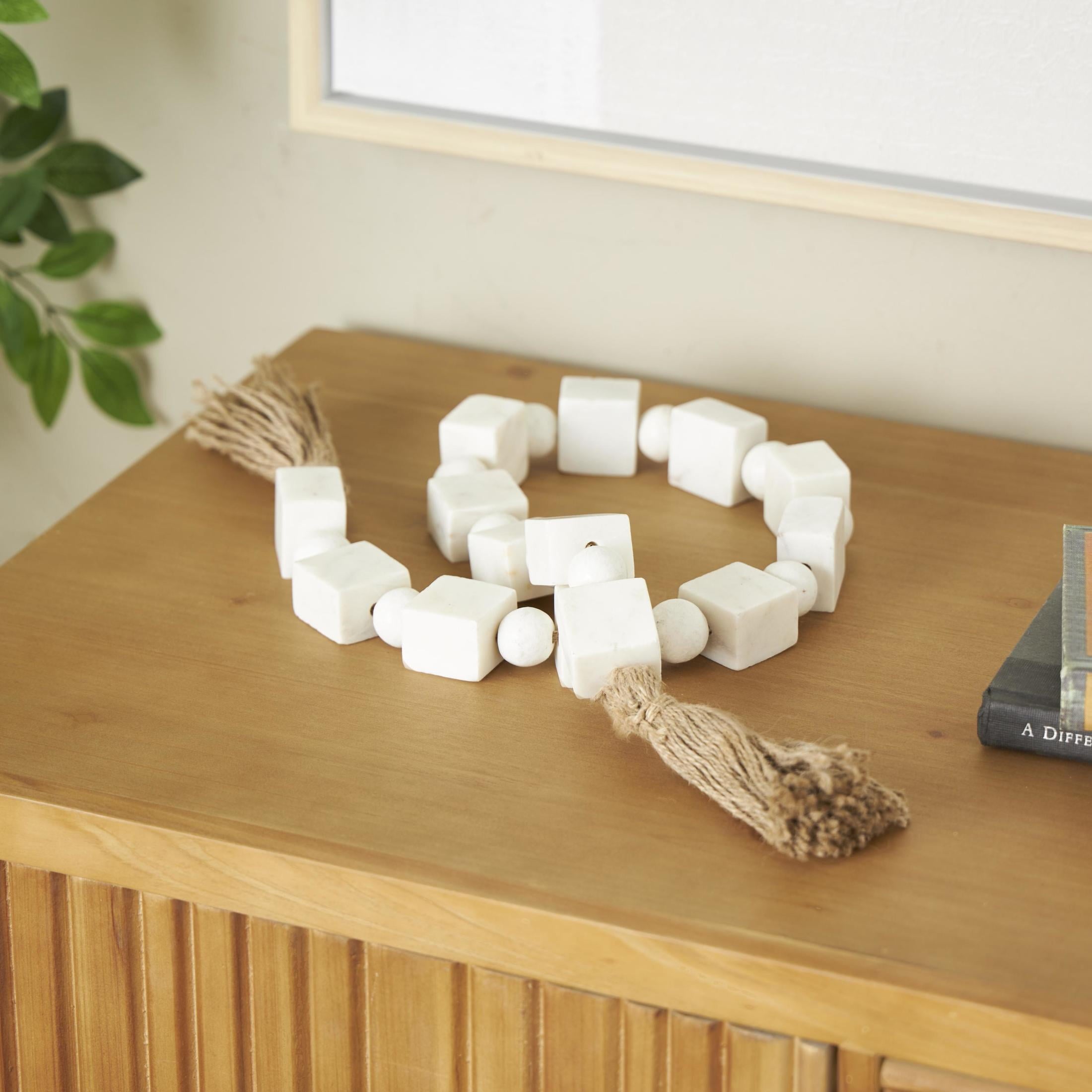 DecMode Handmade Square White Marble Garland with Tassel with Knotted Brown Jute