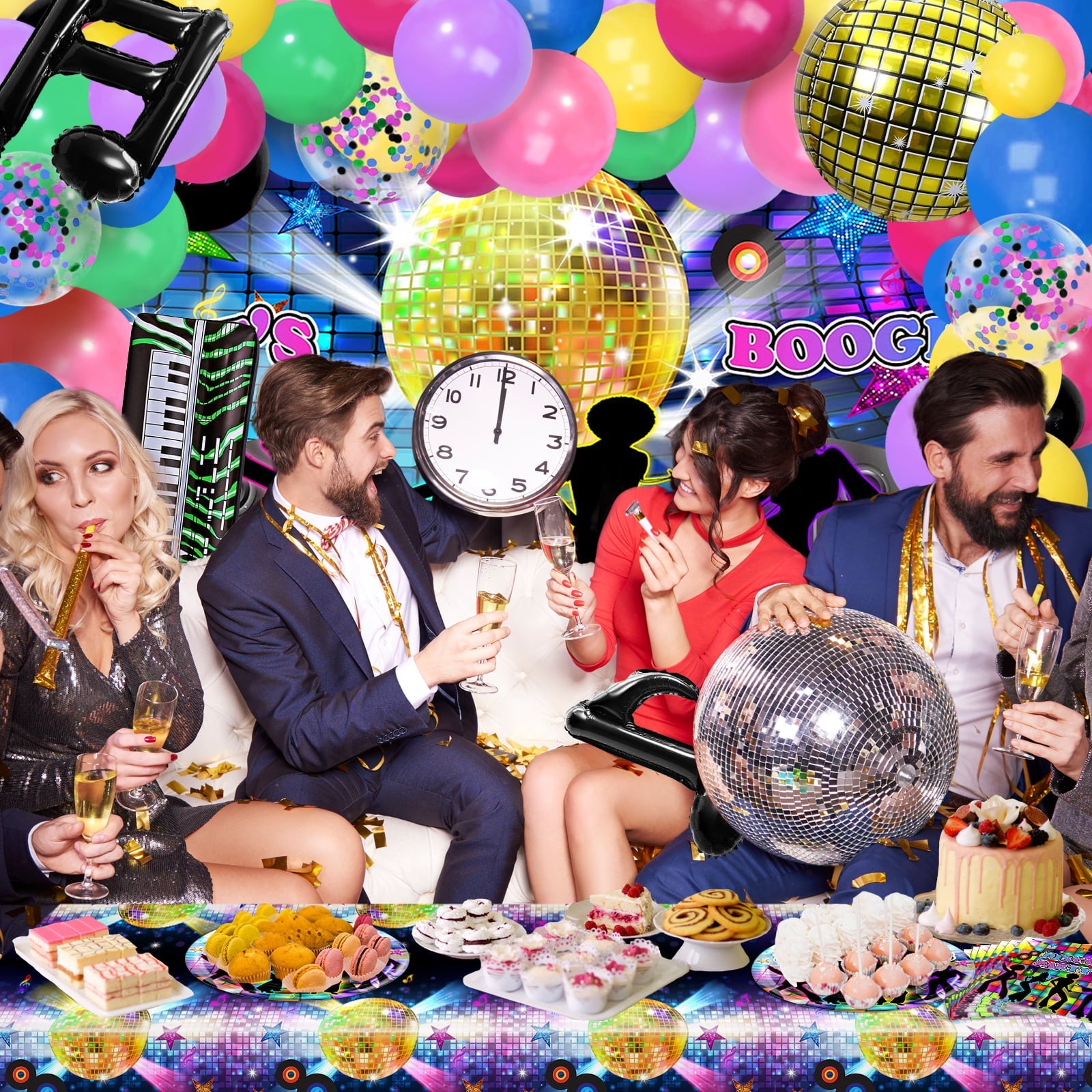 Mocsicka 70s Party Decorations 280 PCS Disco Party Decorations Kit Let's Boogie Backdrop Disco Balloons 70s Tableware Tablecloth Disco Party Supplies