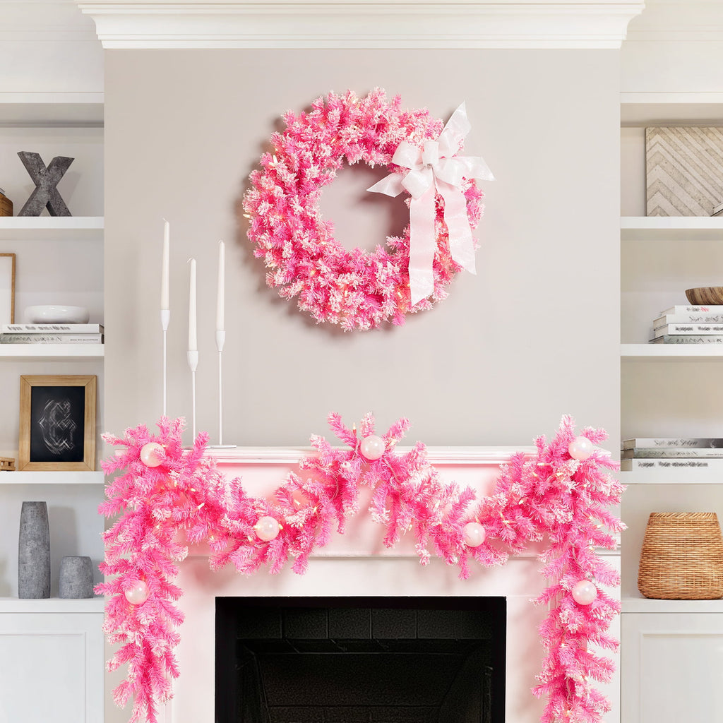 Northlight Pre-Lit Artificial Flocked Pine Christmas Garland - 9' - Pink - Clear Lights