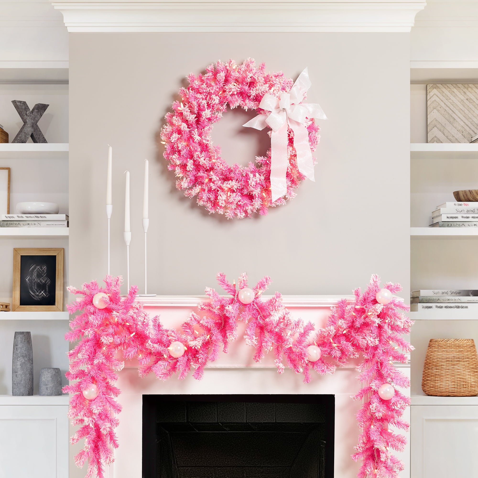 Northlight Pre-Lit Artificial Flocked Pine Christmas Garland - 9' - Pink - Clear Lights