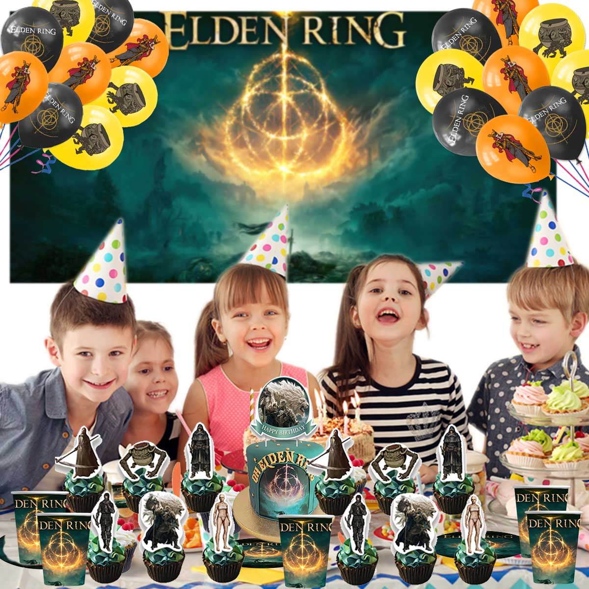 Elden Ring Party Supplies Decor Backdrop Cake Topper Plates Balloons Banner Decorations Tableware