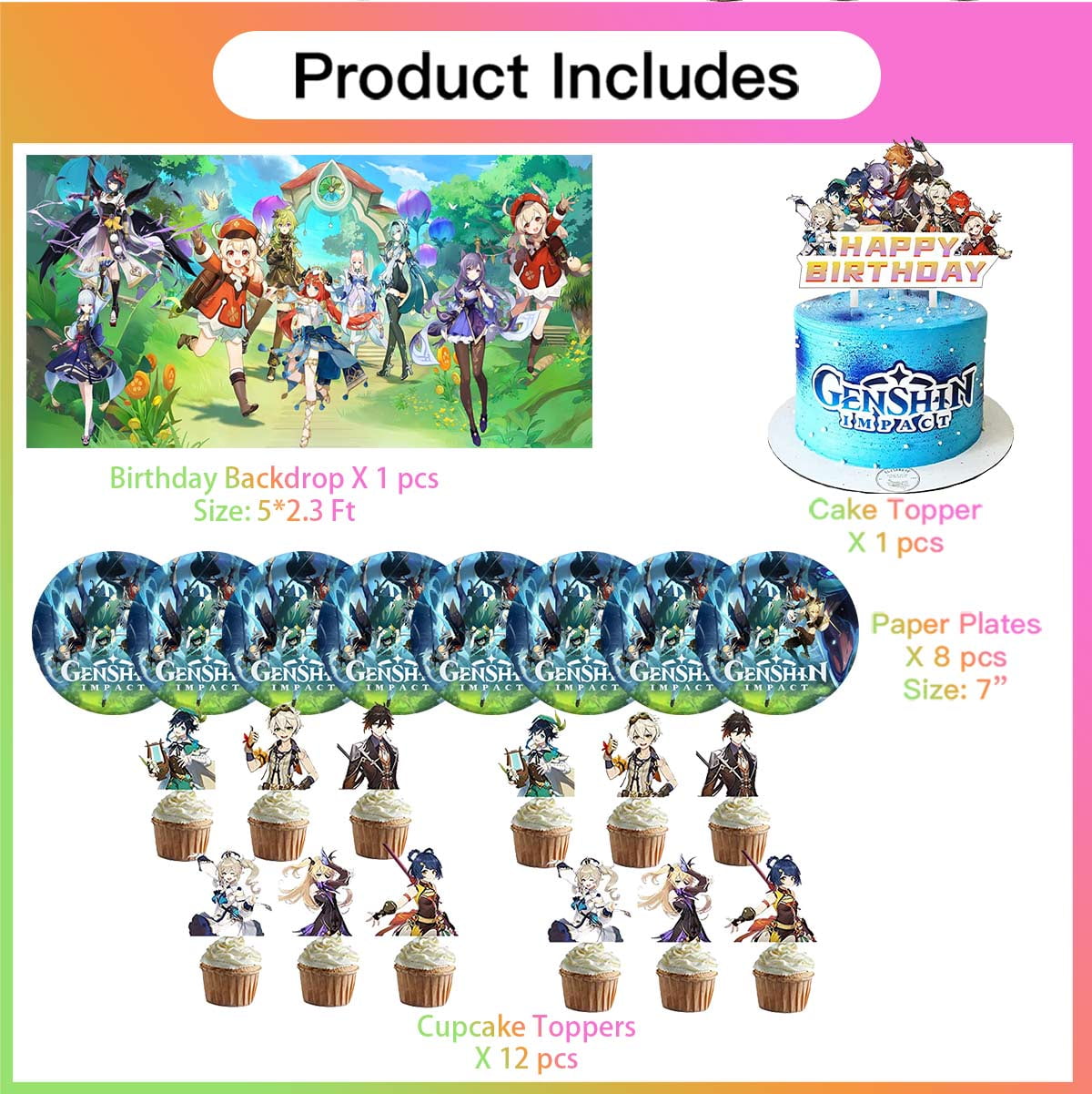 Genshin Impact Party Supplies Cake Topper Decor Banner Backdrop Tableware Balloons Birthday Decorations