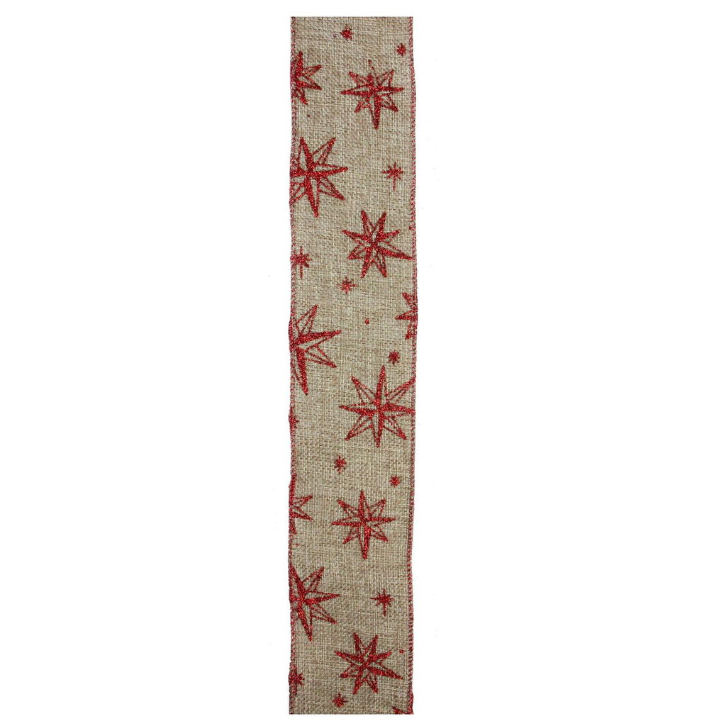 Star & Beige Burlap Wired Christmas Craft Ribbon