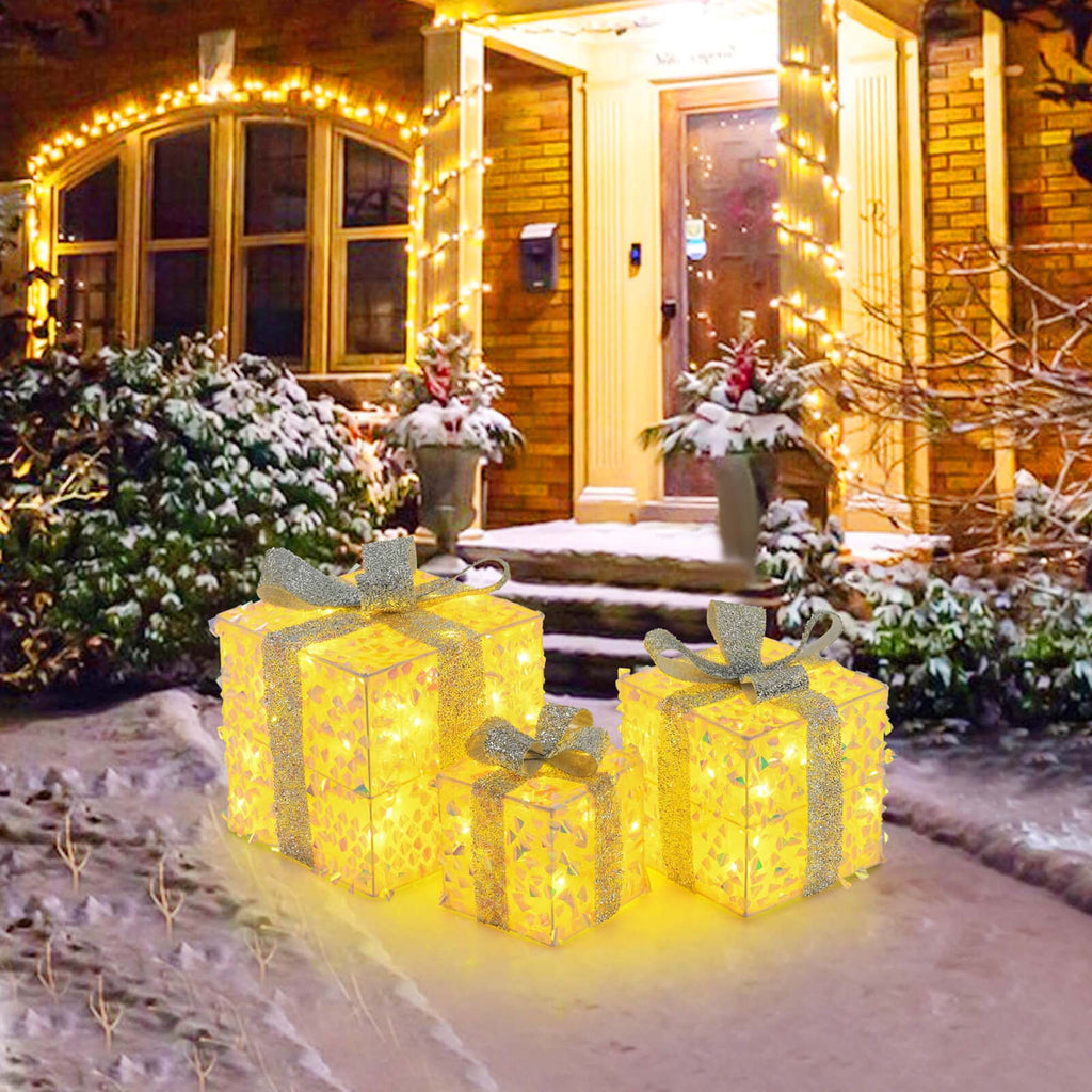 Costway 3 PCS Christmas Lighted Gift Boxes with 90 LED Lights Zip Ties Ground Stakes