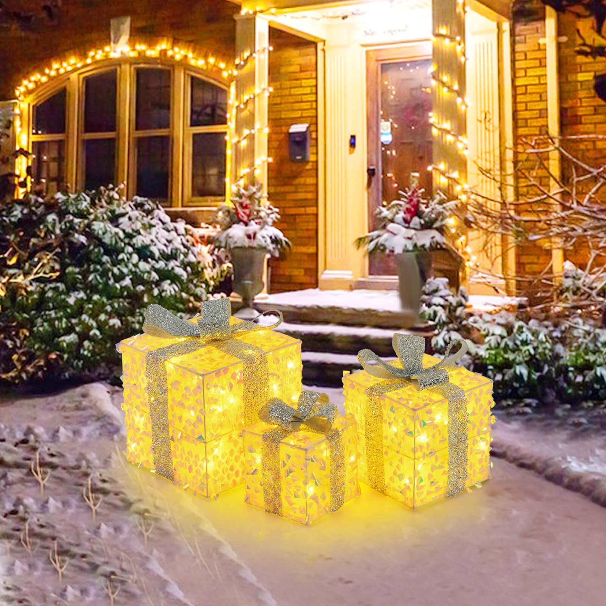 Costway 3 PCS Christmas Lighted Gift Boxes with 90 LED Lights Zip Ties Ground Stakes