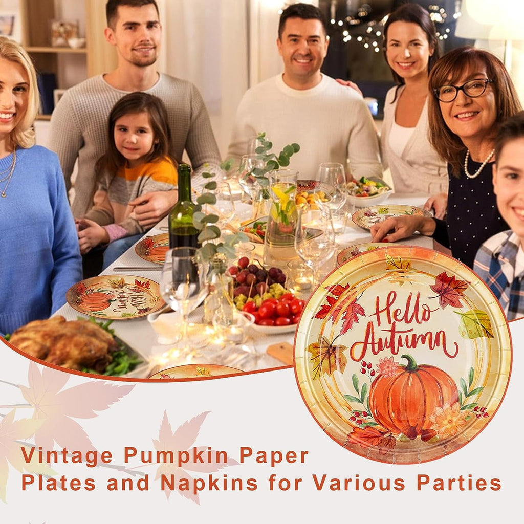 Caltero 200 PCS Fall Plates and Napkins Set Serves 50 Guests, Disposable Fall Pumpkin Party Tableware for Autumn Harvest Thanksgiving Party Supplies