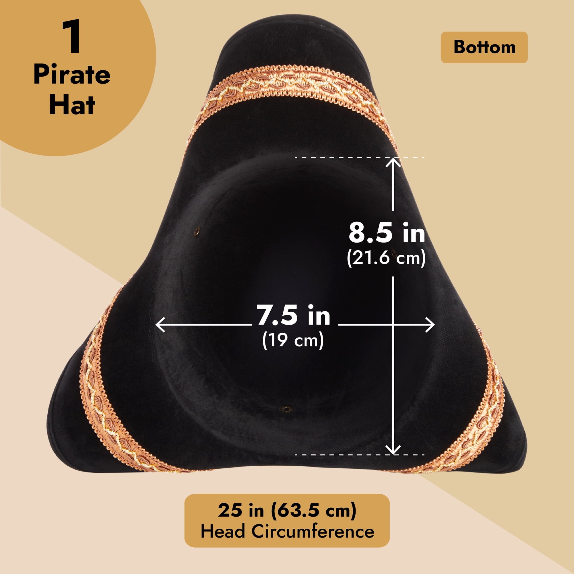 Adult Tricorn Pirate Hat with Feather for Halloween Outfit - Black Pirate Hat for Colonial Revolutionary History Theme Birthday & Halloween Party Costume 15 x13 x 3.5 In