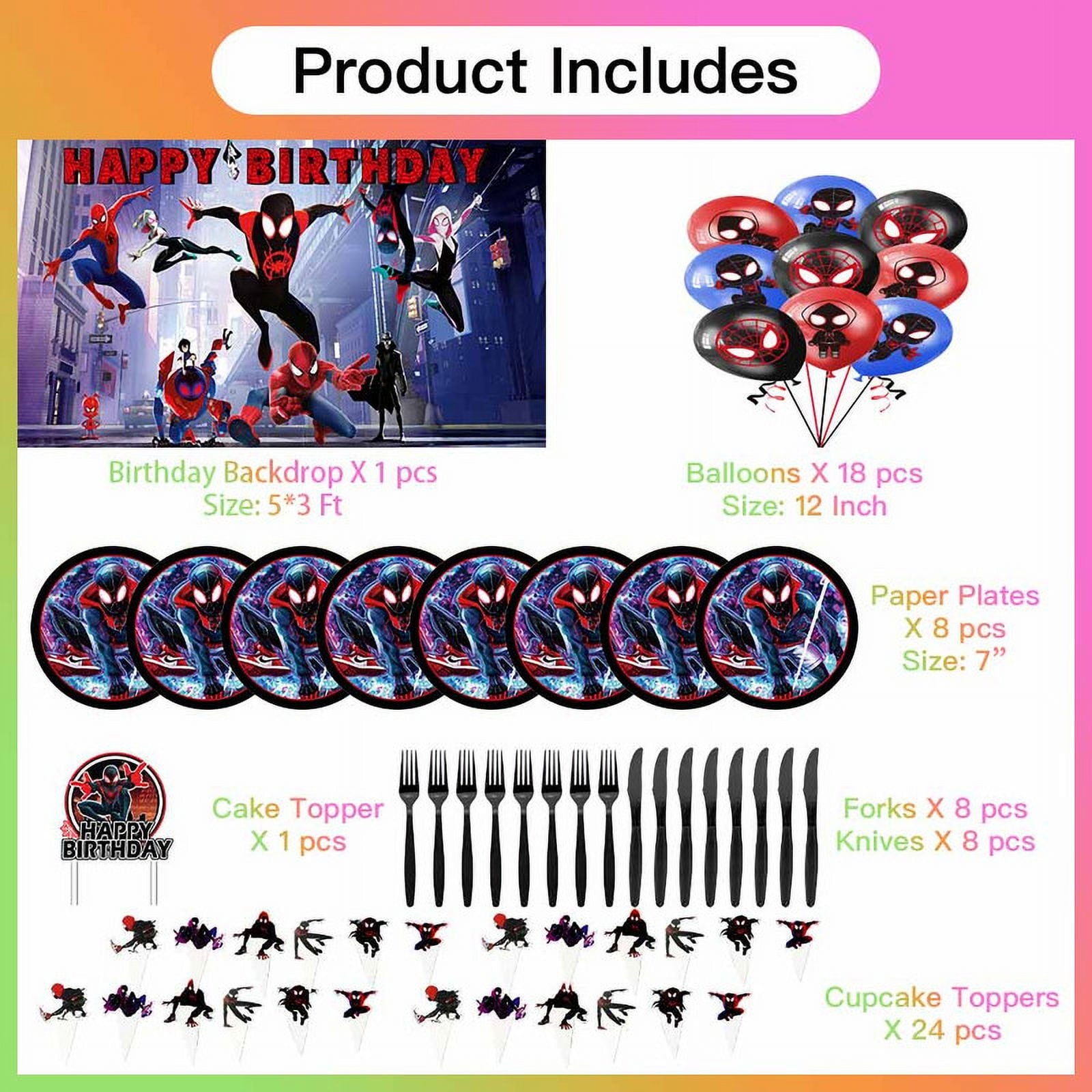 Miles Morales Party Supplies Plates Decorations Birthday Cake Topper Banner Decor Backdrop Balloons