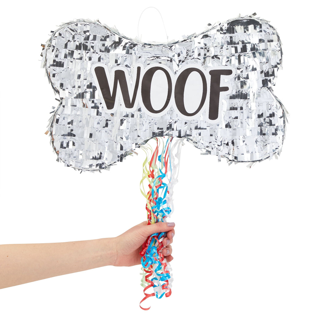 Pull String Dog Bone Pinata for Puppy Birthday Party Decorations, Silver Foil (Small, 16.8 x 10 x 3 In)