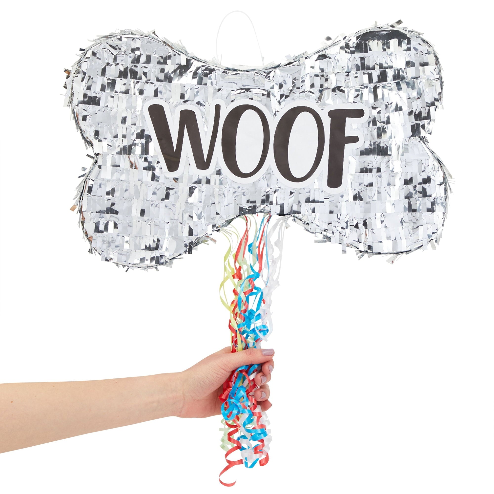 Pull String Dog Bone Pinata for Puppy Birthday Party Decorations, Silver Foil (Small, 16.8 x 10 x 3 In)