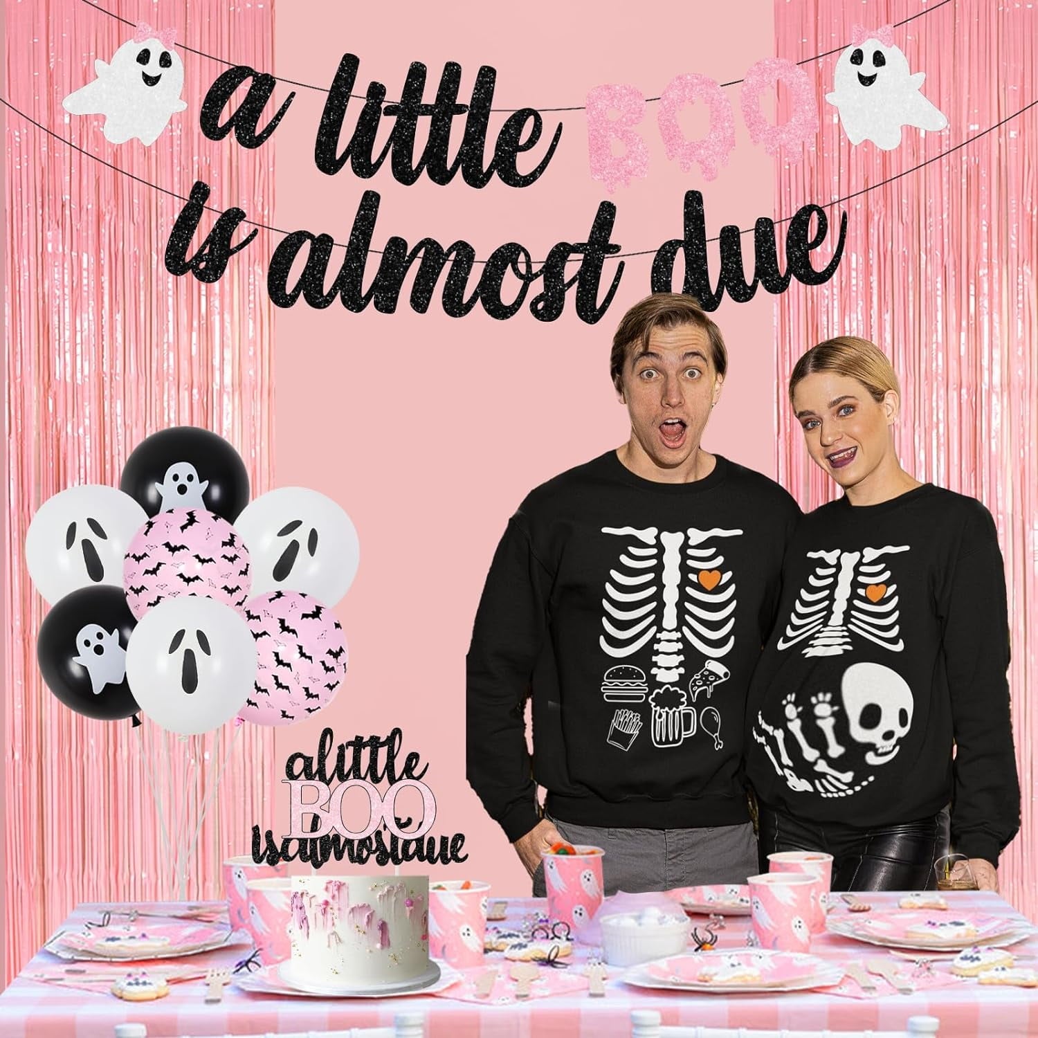 Jollyboom Halloween Baby Shower Decoration Girl, A Little Boo Is Almost Due Baby Shower Decoration Foil Balloon Cake Topper Banner Pink Fringe Curtain for Girl Halloween Baby Shower Party