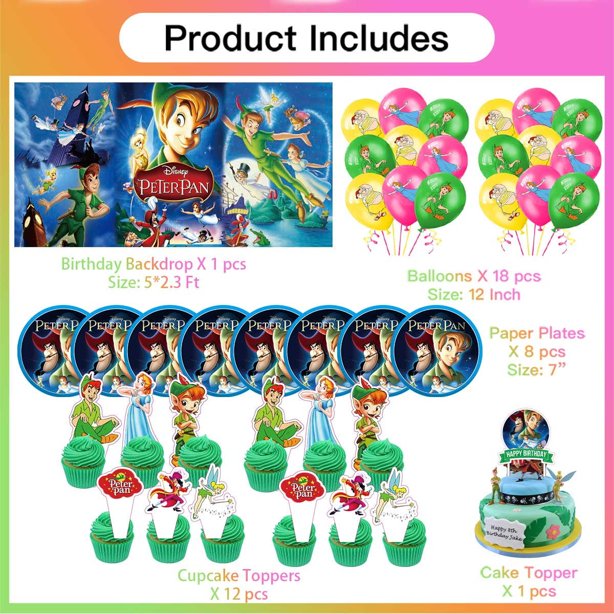 Peter Pan Balloons Party Supplies Decorations Plates Banner Cake Topper Tableware Birthday Decor