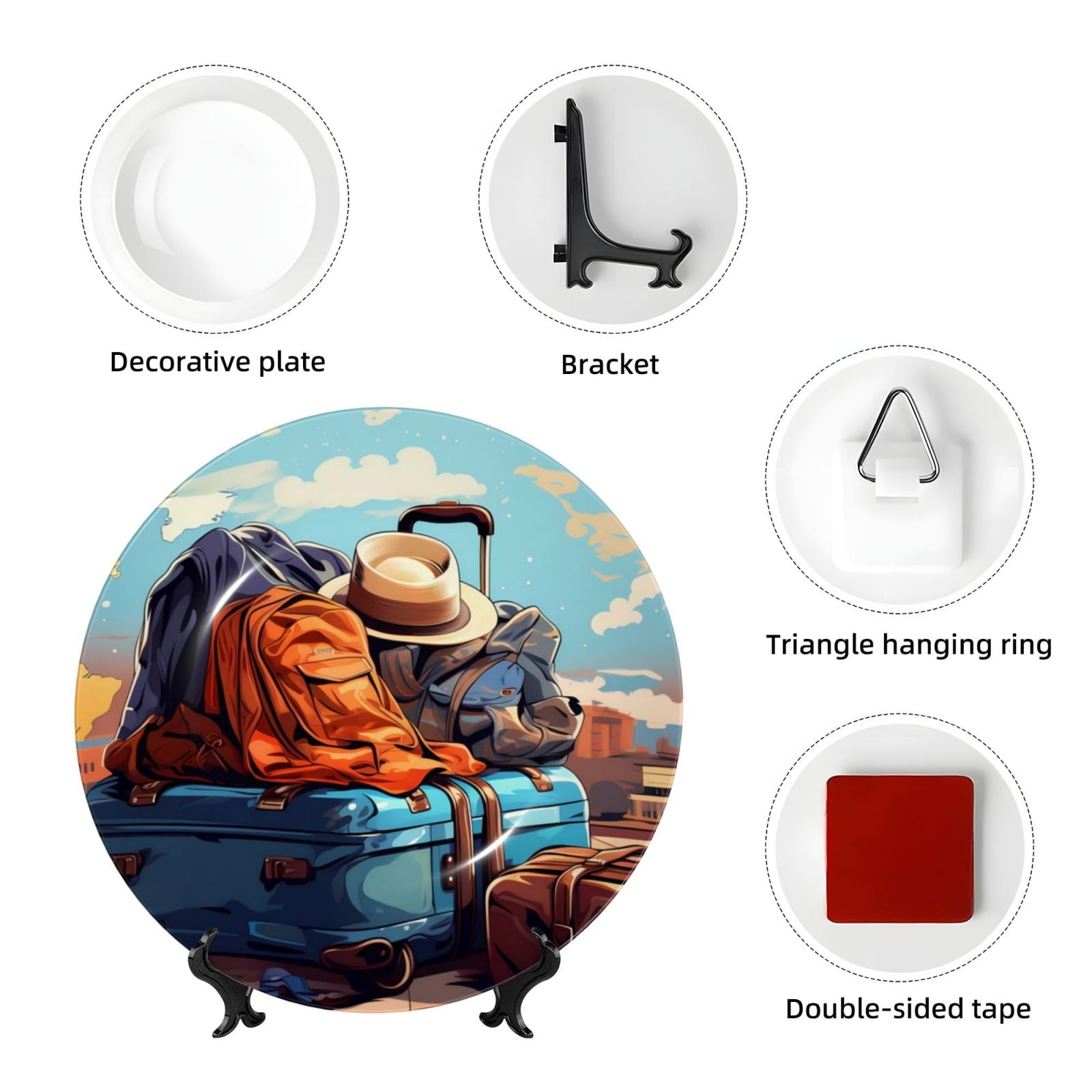 Cauagu Colorful Travel Luggage Gear Print Bone China Decorative Plate, Wall Mount Plate Holiday Decor Decorative Ceramic Plates with Stand Elegant Household Plates Decorative-6in