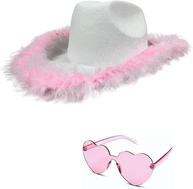 4E's Novelty Cowgirl Hat with Pink Feather Boa & Heart Shaped Sunglasses, Cowboy Hat Costume for Women & Girls