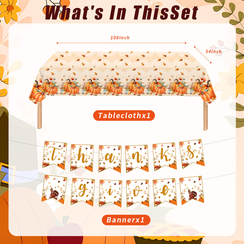 Fall Thanksgiving Paper Plates for Party Supplies Decoration Pumpkin Maple Leaf Napkins Tablecloth Banner Disposable Dinnerware for Autumn Harvest Table Decor Serve 24 Design3