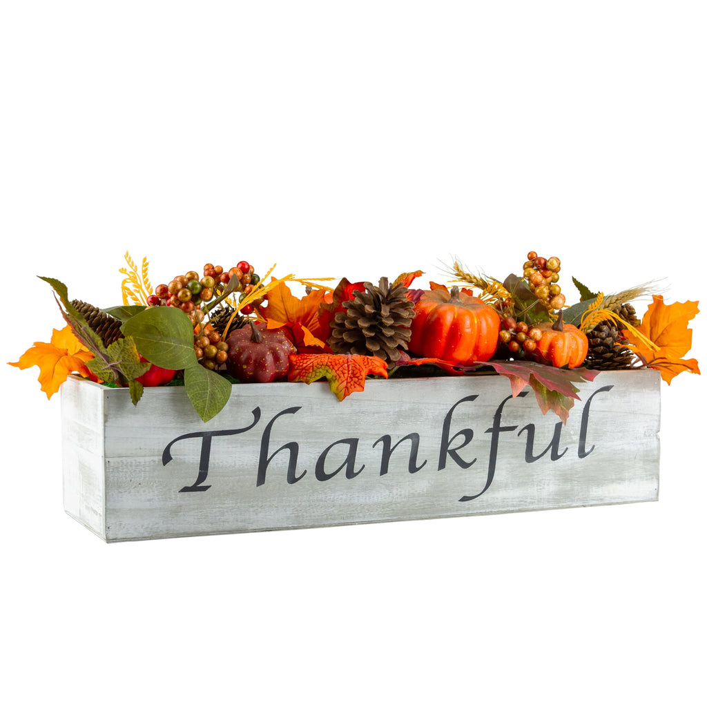 Northlight Autumn Harvest Arrangement in a "Thankful" Rustic Wooden Box Centerpiece - 21"