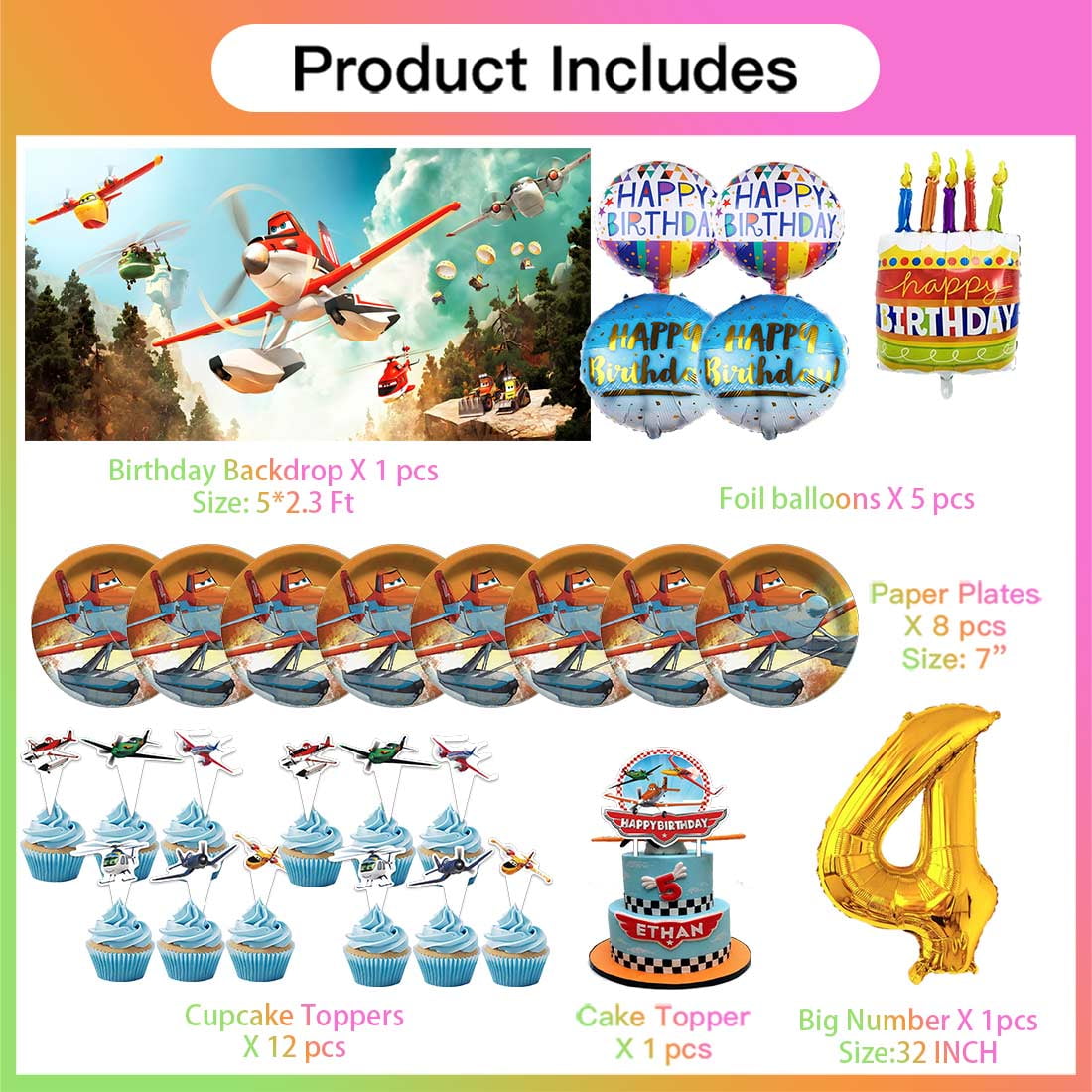 Planes Fire and Rescue 4th Tableware Balloons Cake Toppers Backdrop Banner Supplies Party Decor Plates Decorations