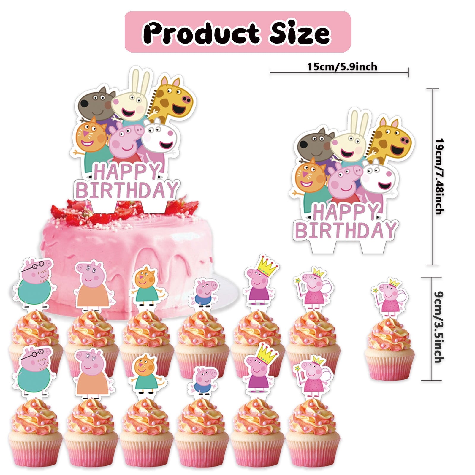 32-Pcs For Peppa Cartoon For Pig-Themed Party Decoration Set – Includes Banner, Cake Topper, 12 Cupcake Toppers, and 18 Balloons for Festive Celebrations