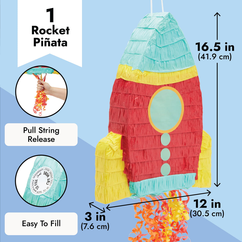 Pull String Rocket Ship Pinata - Outer Space Party Decorations for Astronaut Themed Birthday (Small, 16.5 x 12.5 x 3 in), For Ages 3+
