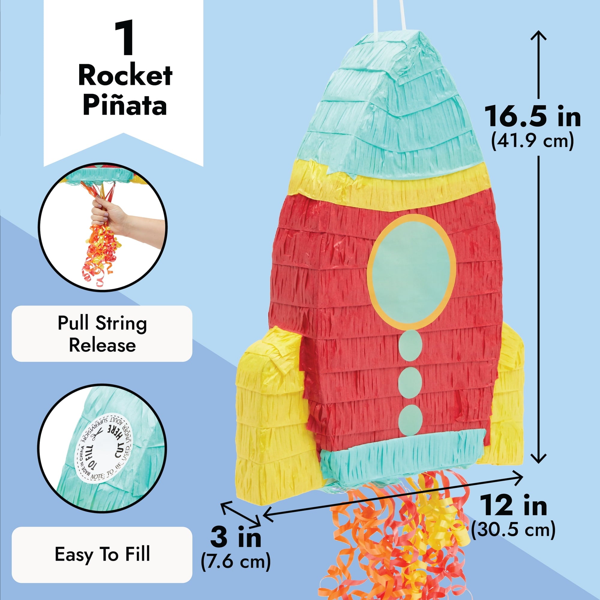 Pull String Rocket Ship Pinata - Outer Space Party Decorations for Astronaut Themed Birthday (Small, 16.5 x 12.5 x 3 in), For Ages 3+