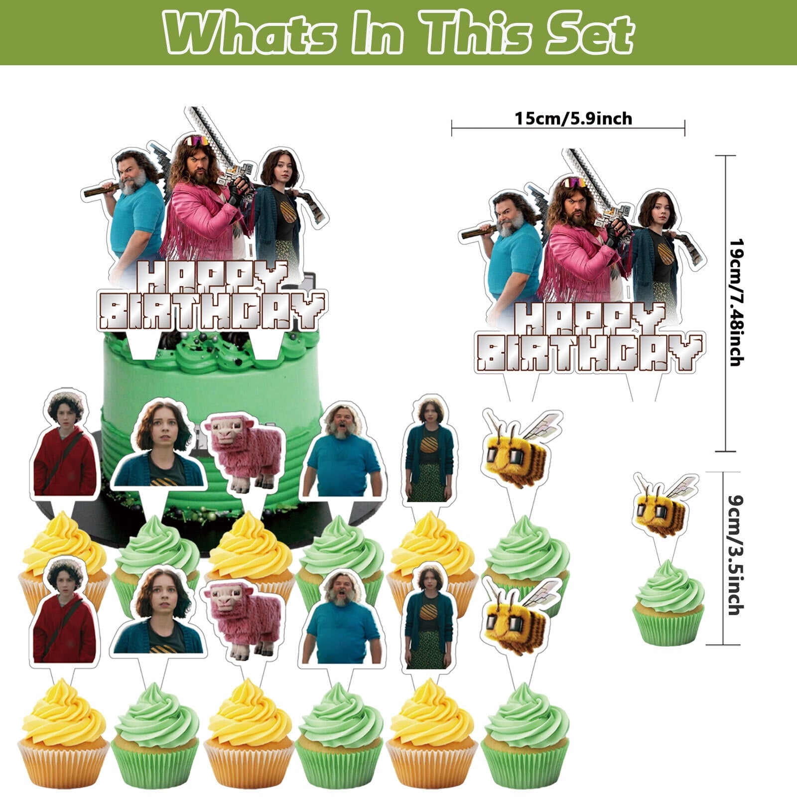 32-Pcs For Minecraft Cartoon-Themed Party Decoration Set – Includes Backdrop, Cake Topper, 12 Cupcake Toppers, and 18 Balloons for Festive Celebrations