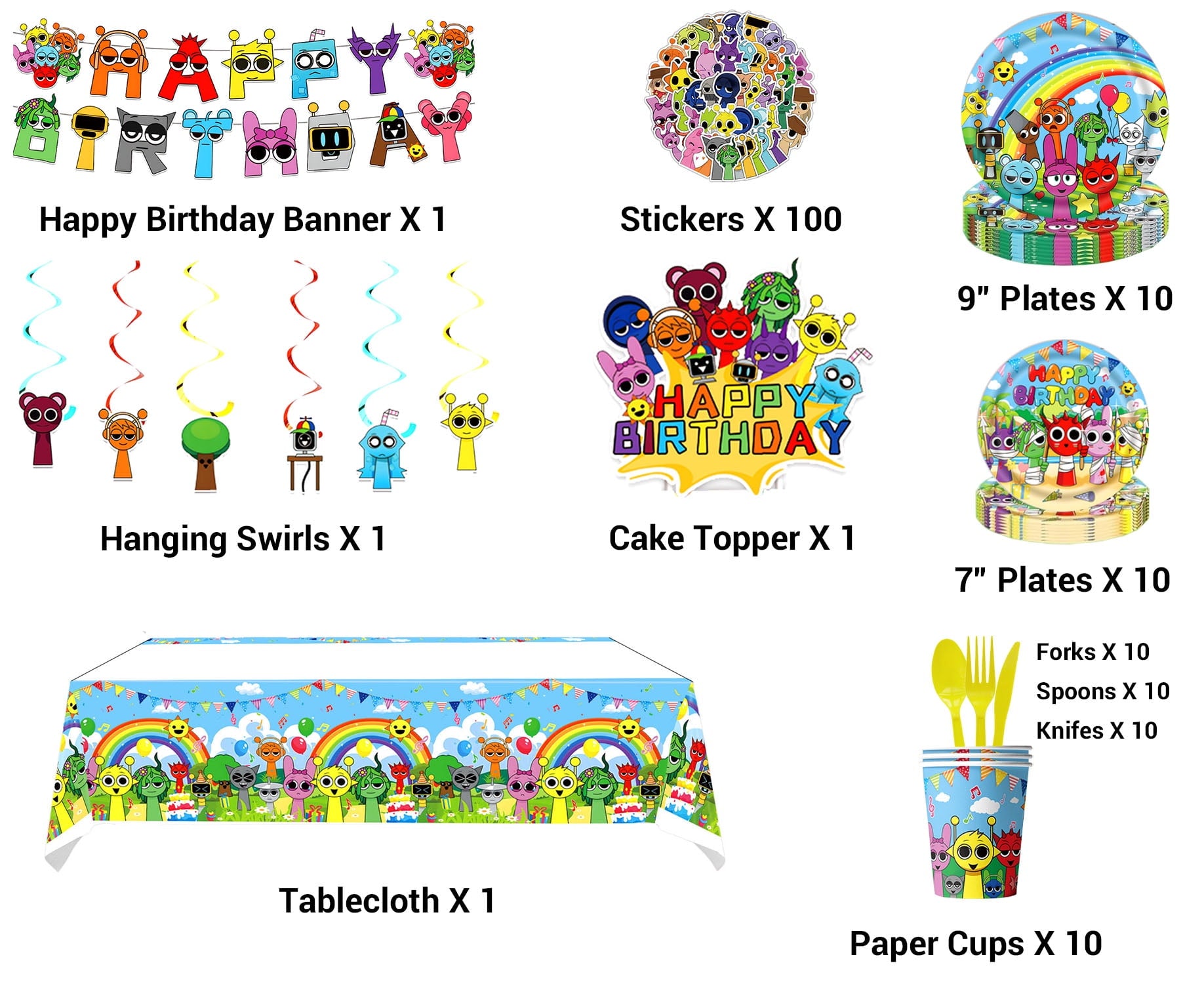 231 Pcs Sprunki Birthday Party Decoration Set - 24 Cake Toppers, 18 Balloons, 1 Happy Birthday Banner, 55 Stickers, 1 Large Cake Topper, 1 Table Cloth, 1 Backdrop Banner Party Supplies for Fans.