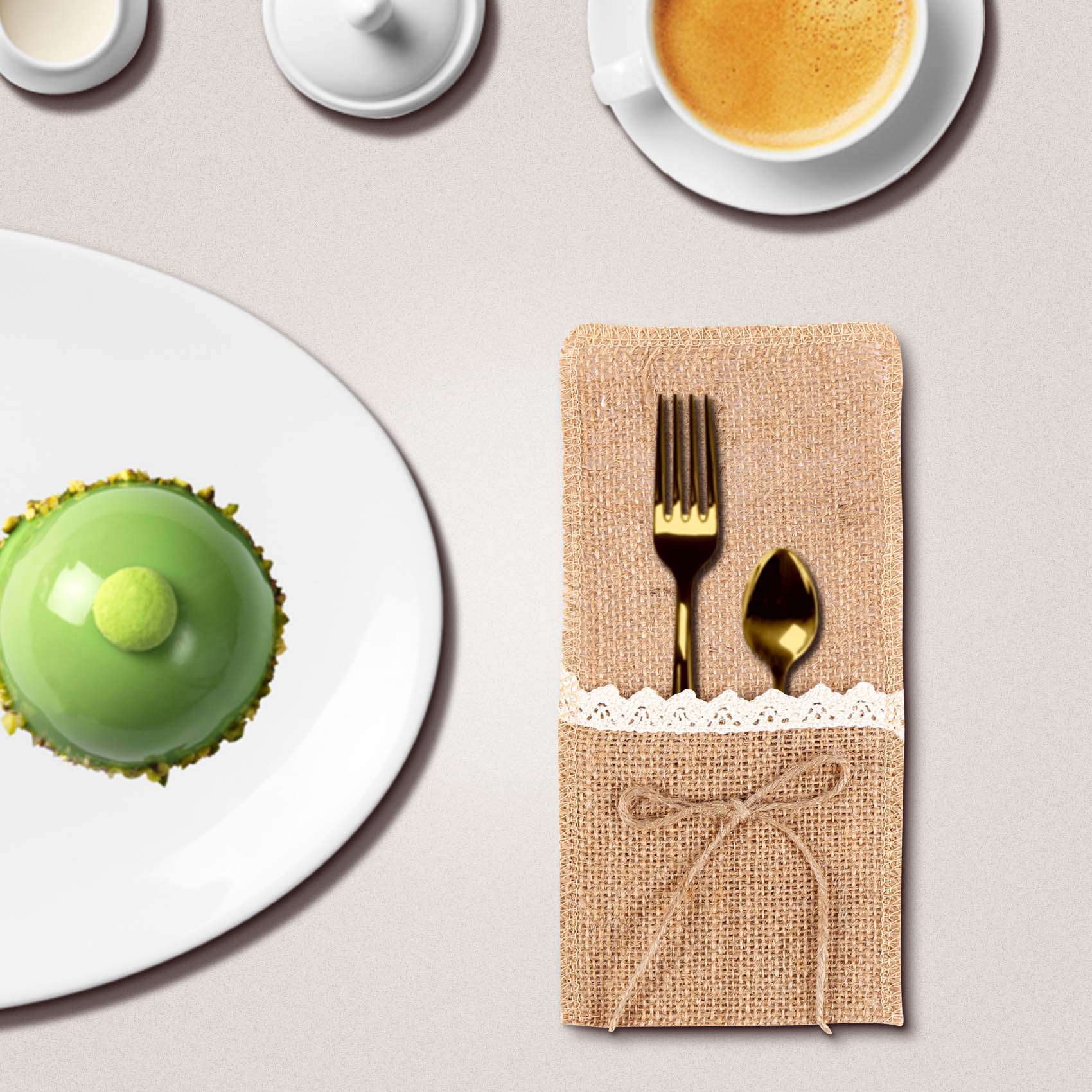 100PCS Country Wedding Table Silverware Holder Natural Burlap Cutlery Pockets Fork Pockets Rustic Wedding Decoration